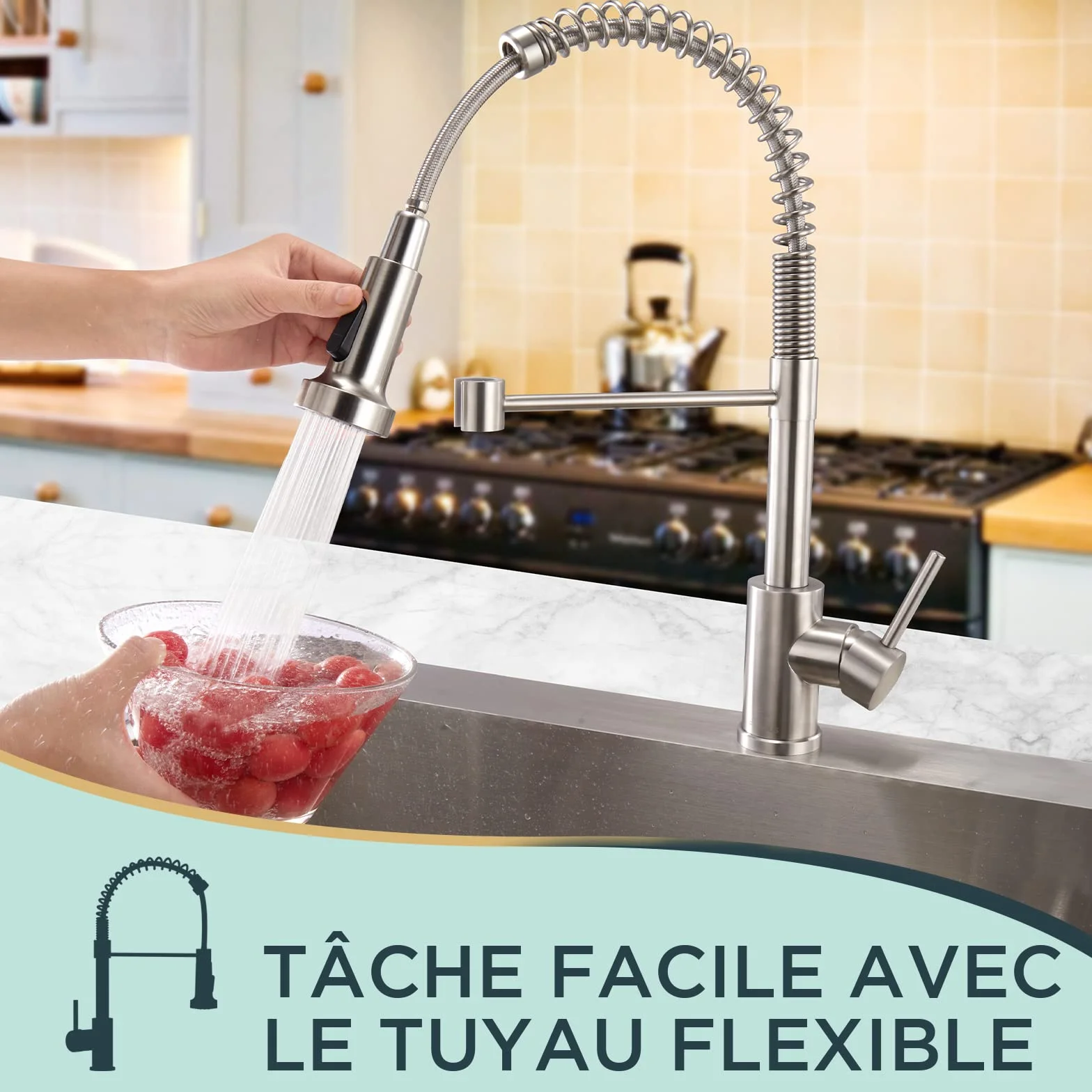 FORIOUS Robinet Cuisine Mitigeur Avec Douchette Pivotant 360° Évier Arc Élevé Pulvérisateur Escamotable 2 Modes Acier Inoxydable