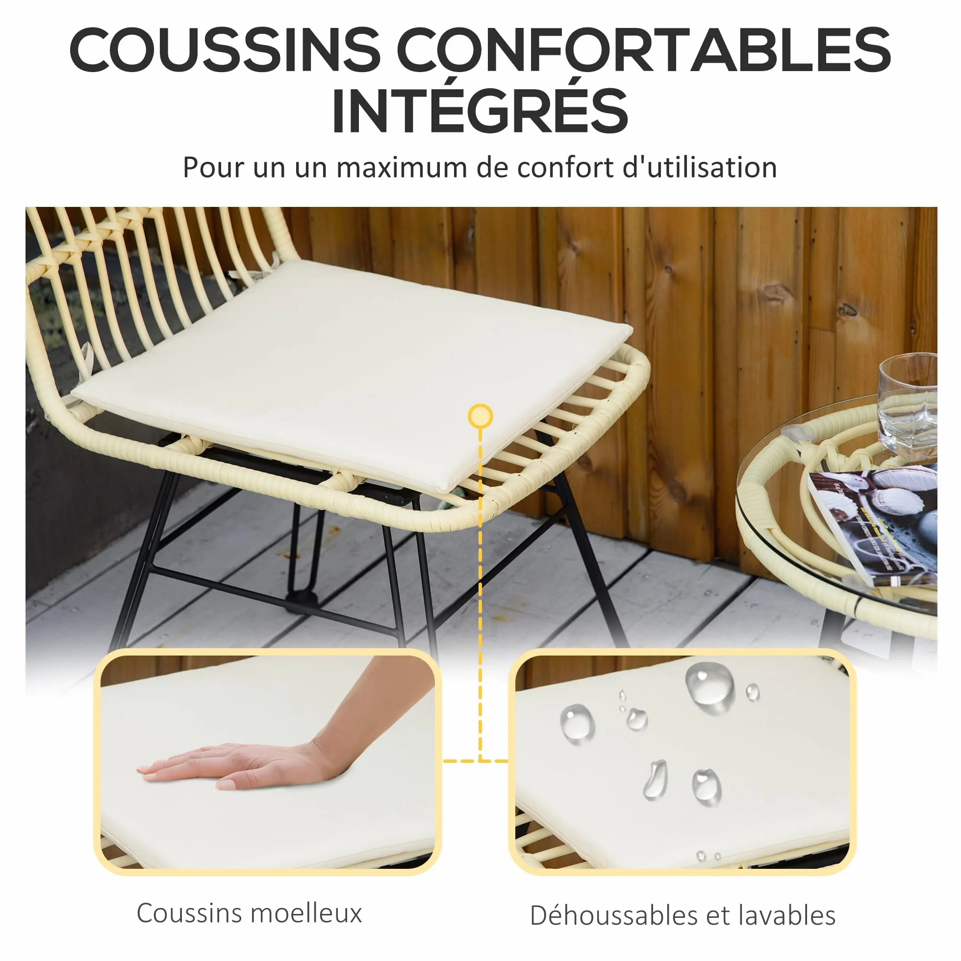 Outsunny Ensemble Bistro Jardin 3 pièces Table Basse Ronde Verre trempé 2 chaises Coussins zippés déhoussables Polyester résine tressée PE métal galvanisé Ø 45 x 50 cm crème