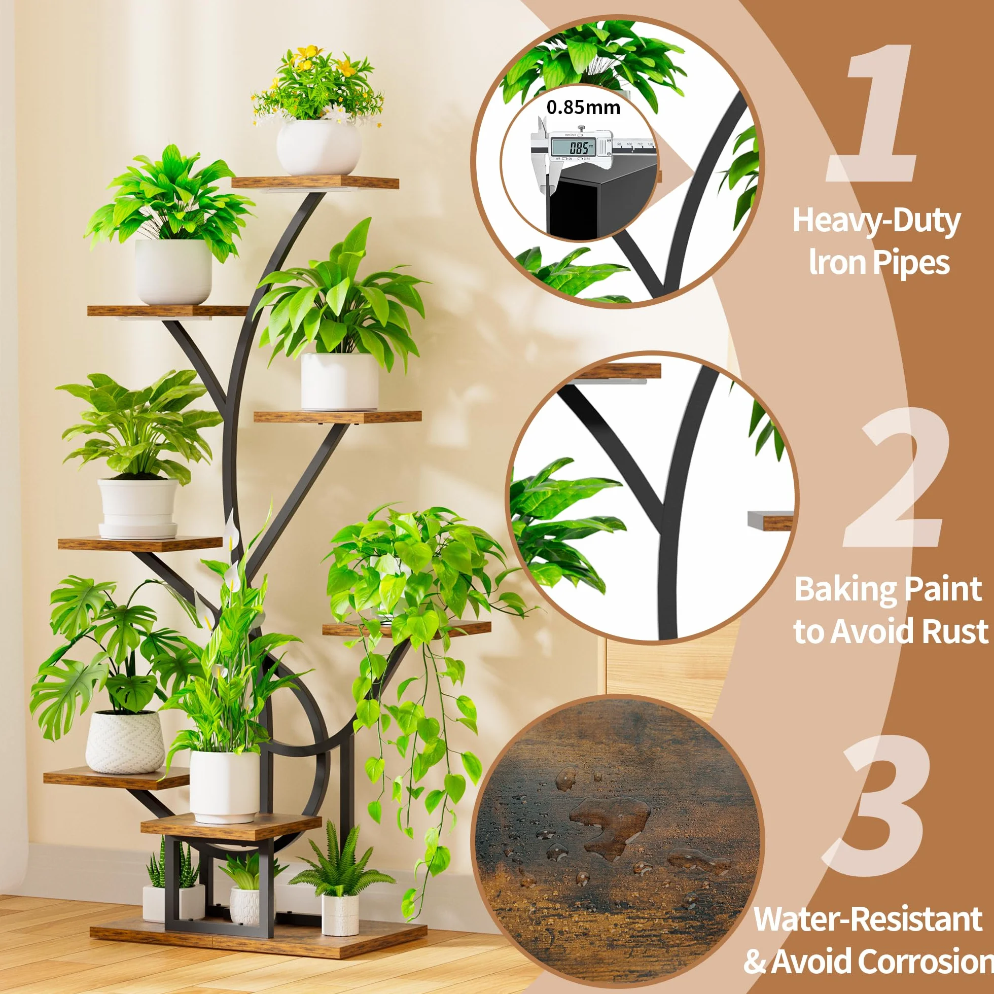 BACEKOLL Support pour plantes avec lumière de croissance 126 cm Métal Bois Noir Étagère à plantes