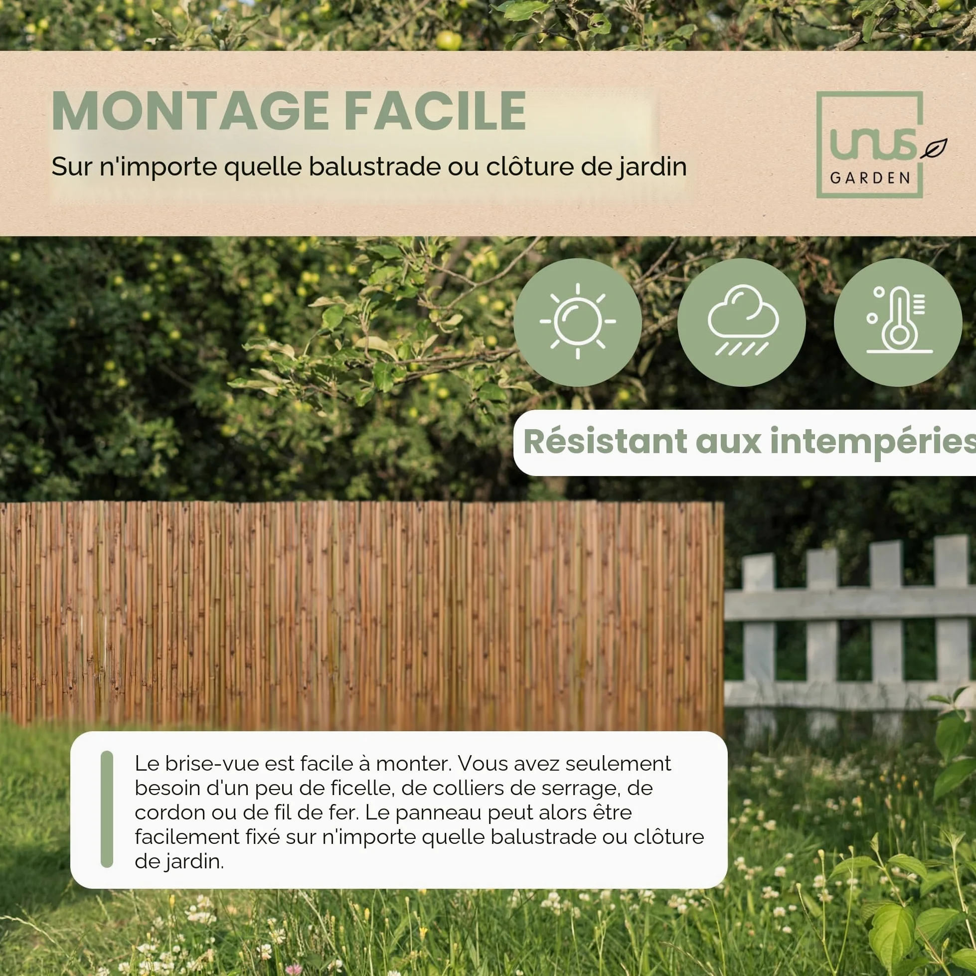 Brise-vue en bambou UNUS Différentes tailles disponibles Clôture pour terrasse, balcon et jardin Coupe-vent