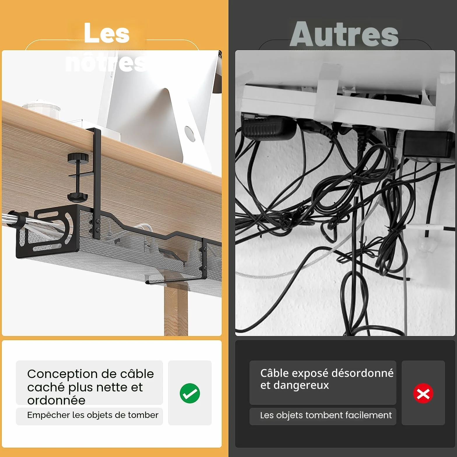 Plateau de Gestion de Câbles 64 cm Réglable pour Bureau avec Rangement Supérieur