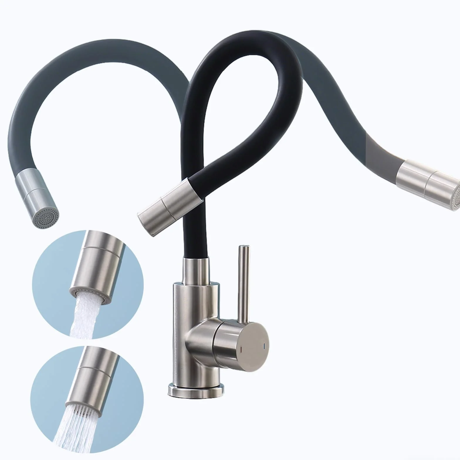Robinet Cuisine Noir Acier Inoxydable Pivotant 360° 2 Jets Mitigeur Évier