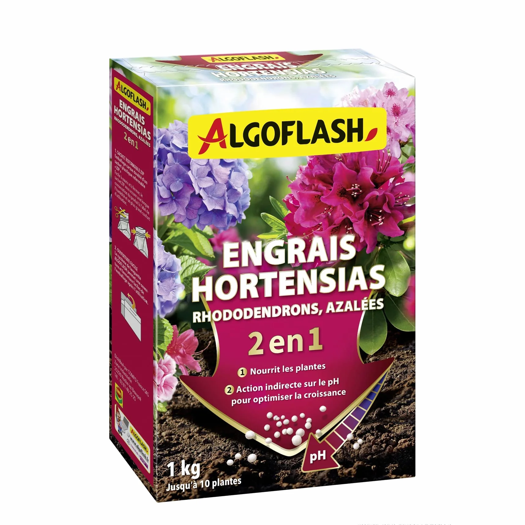 ALGOFLASH Engrais 2 en 1 pour Hortensias, Rhododendrons, Azalées Spécial pH, jusqu'à 10 Plantes, 1 kg, HORTOPH1N