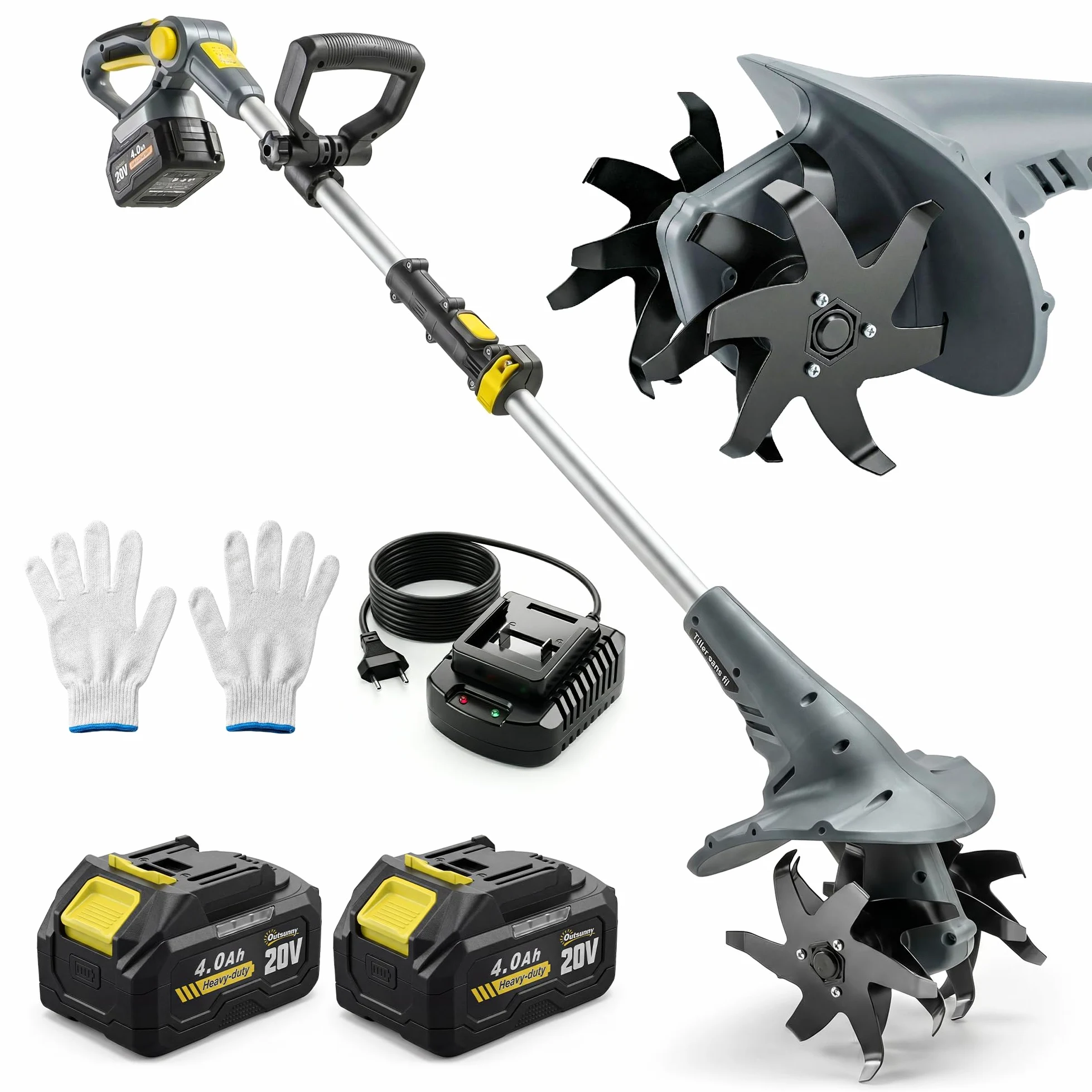 Outsunny Motobineuse sans Fil 18V - Motoculteur Électrique 355W avec 2 Batteries 4,0Ah - Léger et Anti-Mal de Dos, Largeur 20cm - Kit Complet pour Ameublir Le Sol, Potager et Seniors, Gris