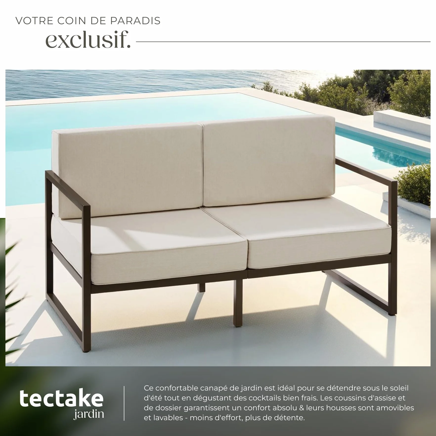 tectake® Salon de Jardin Exterieur Canapé 2 Places Banquette de Jardin Coussins épais Inclus Cadre en Acier laqué époxy Mobilier Canape Exterieur Amenagement Balcon Terrasse Veranda Maison