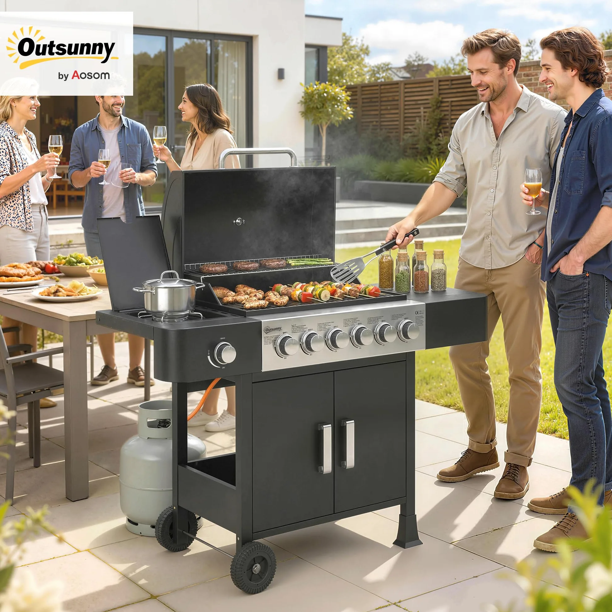 Outsunny Barbecue à gaz 6+1 brûleurs chariot portable avec roues, grille de maintien au chaud, thermomètre intégré, étagères latérales, placard et couvercle Noir