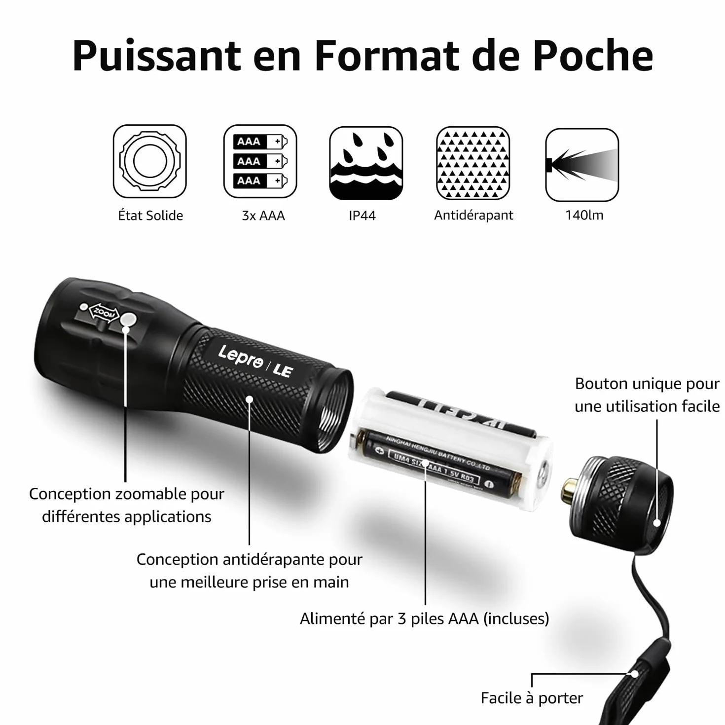 Lepro Lampe Torche L8000 Puissante LED Militaire Zoomable Étanche IPX4 Aluminium Camping Randonnée