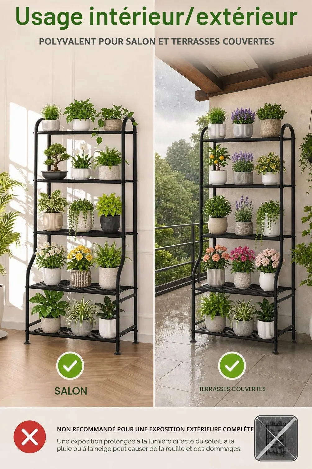 Support en métal pour plantes 5 niveaux 165 cm étagère verticale robuste avec pieds réglables