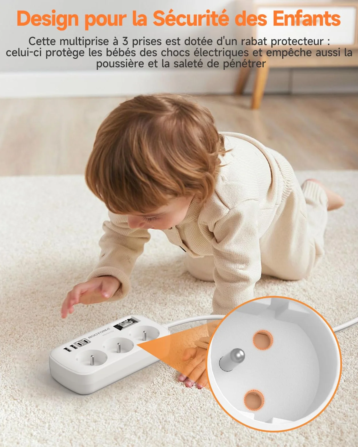 Multiprise 3 Prises 4 USB 2 USB-C Parafoudre Surtension Interrupteur Câble 1,5 m Fixation Murale Blanc 16A 4000W