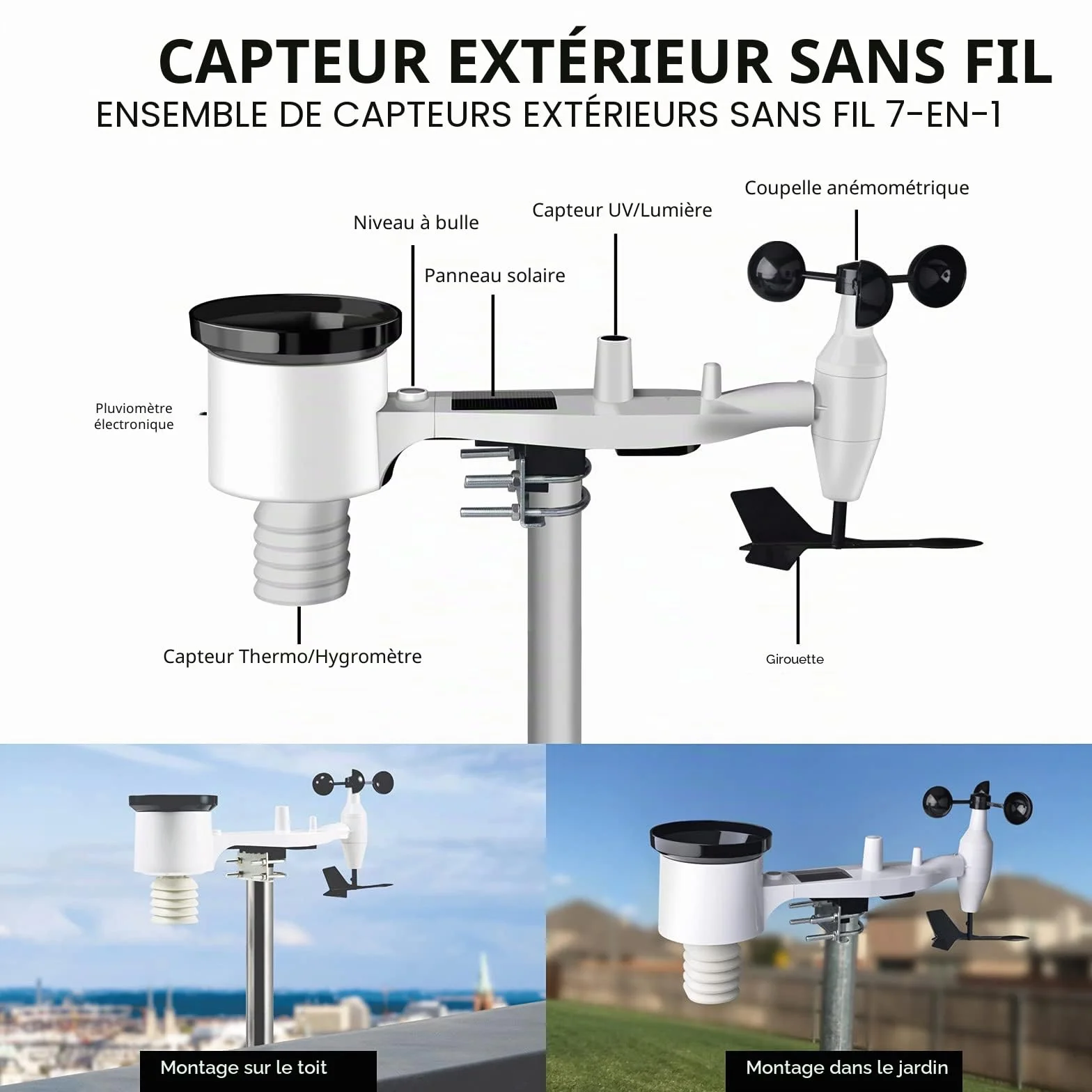 ECOWITT Station météo WS2910 WiFi capteur extérieur solaire 7 en 1 écran couleur numérique
