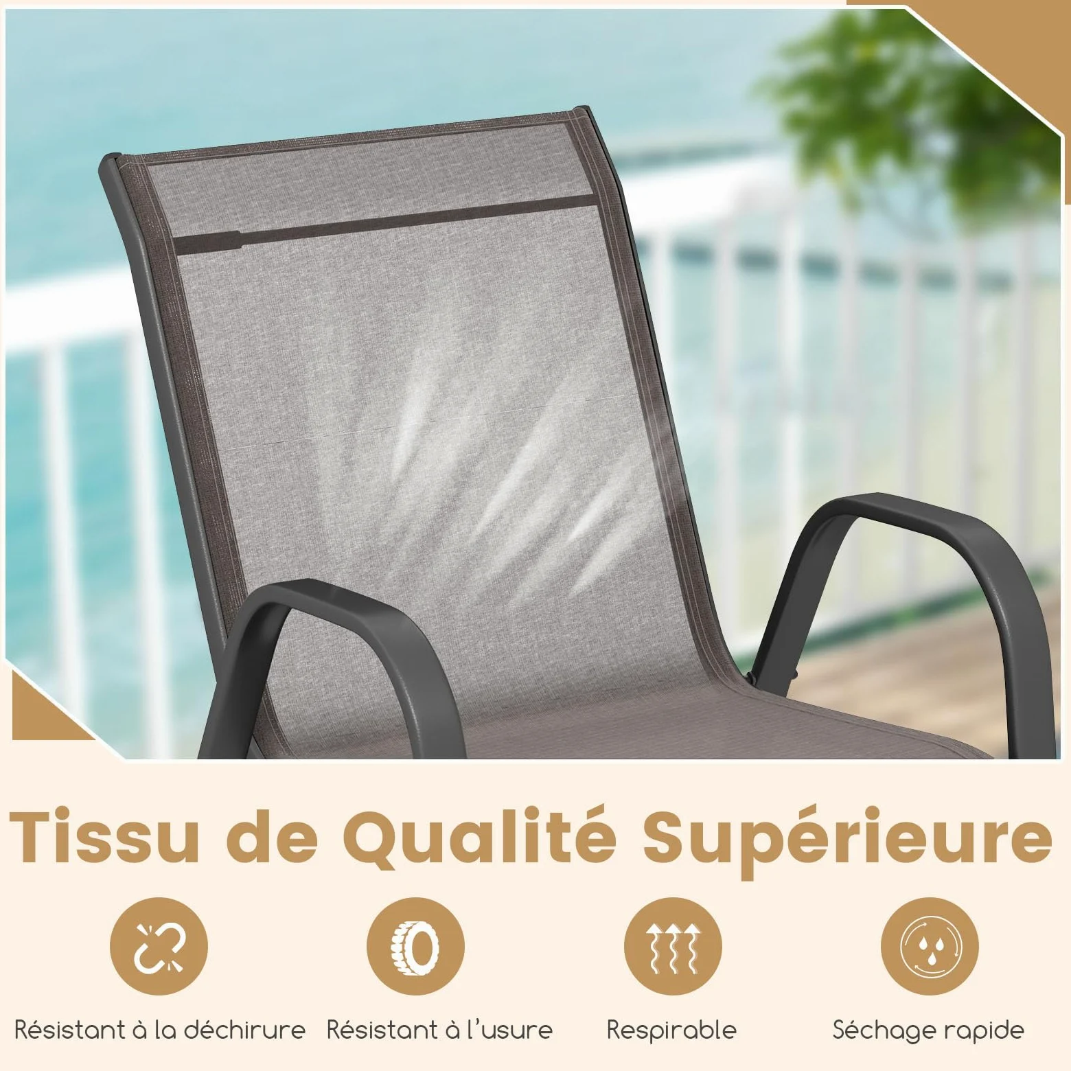 COSTWAY Lot de 2/4 Chaises de Jardin Exterieures avec Cadre en Métal, Chaise de Salle à Manger Empilable en Tissu Respirant, Fauteuil d'Extérieur pour Cour, Balcon, Piscine, Charge 150 KG (Gris,4)