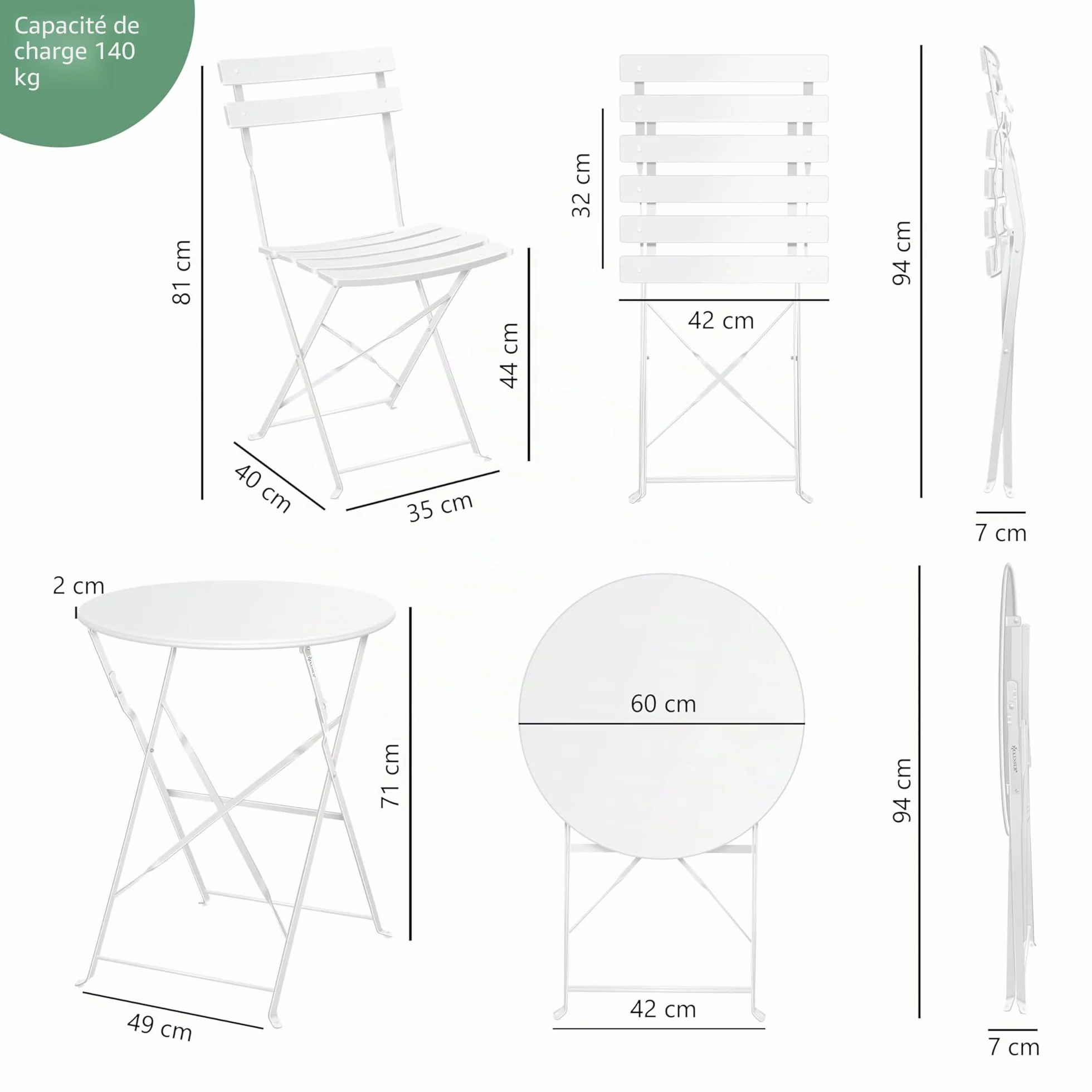 KESSER Salon de jardin métal 1 table 2 chaises pliantes blanc balcon