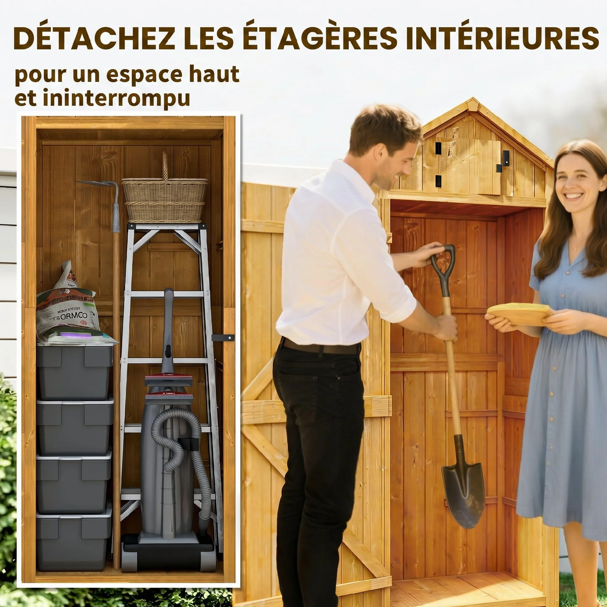 Outsunny Armoire de Jardin Bois 3 étagères 2 Portes 77x54x179 cm Jaune