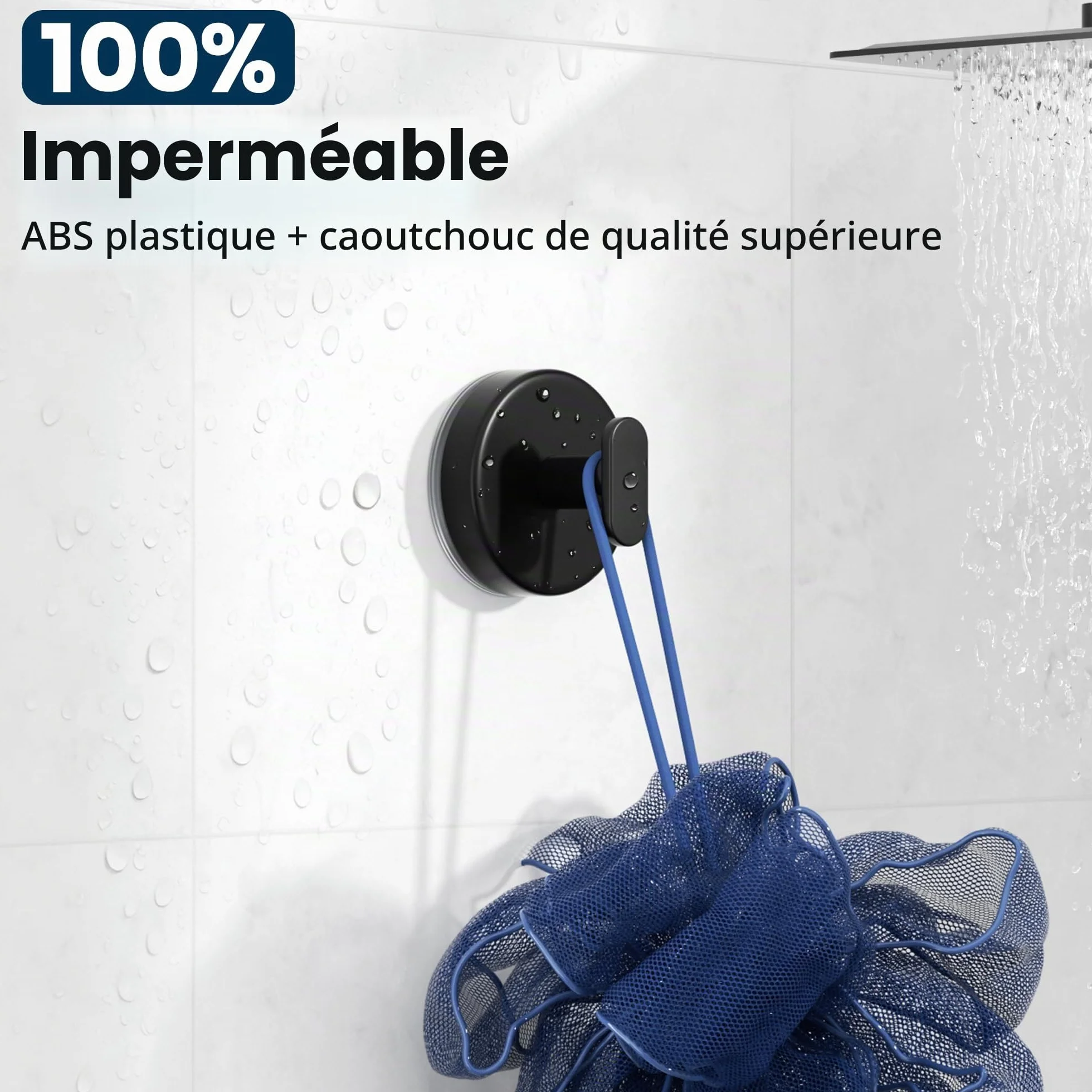 pickpiff Crochets à ventouse pour douche : Support extra fort de 6,8 kg pour salle de bain, cuisine, porte, miroir, carrelage, verre – Serviette, éponge, manteau, peignoir – noir mat, lot de 4