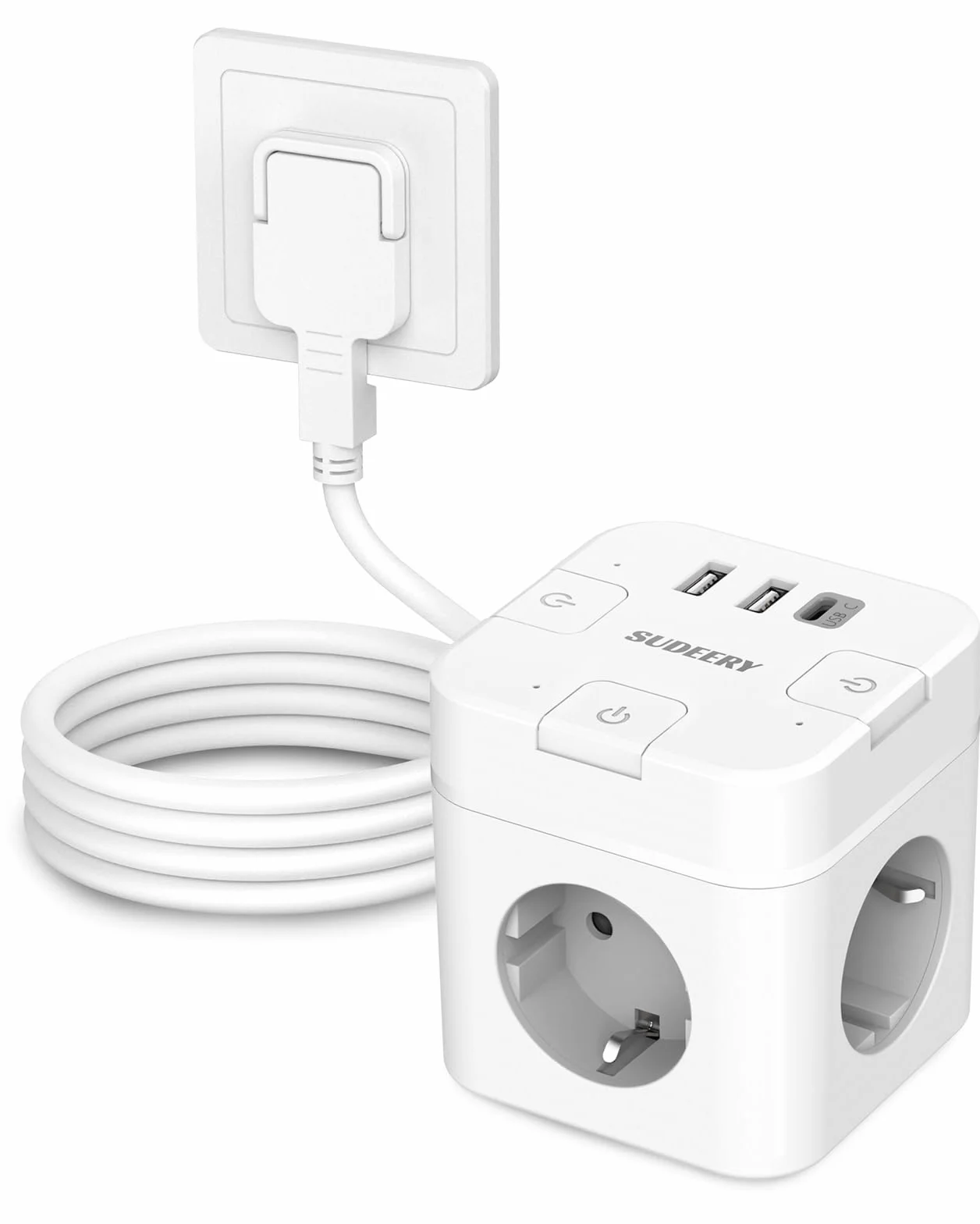 SUDEERY Cube de prise 6 en 1 avec USB C, 3 prises, prise plate, câble 2 m, multiprise USB type C, blanc