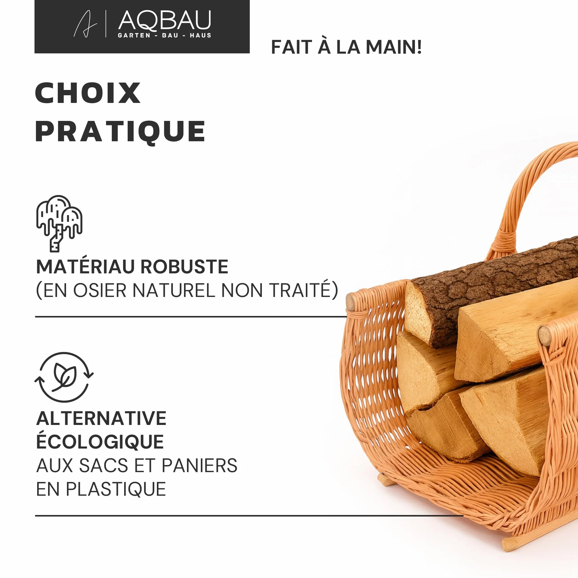 Panier à bois XXL 60 x 44 cm en osier avec lattes en bois – Support à bois de cheminée stable – Panier fait main pour bois de feu, rangement ou décoration, paniers en bois, panier à bois