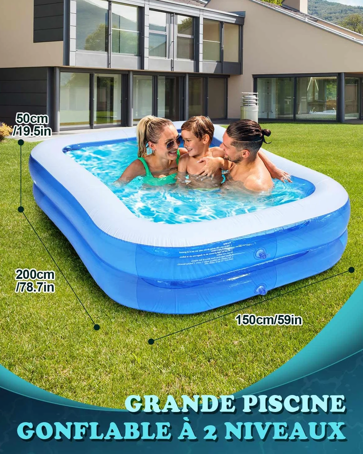 Piscine Gonflable Rectangulaire 200 x 150 x 50 cm PVC Épais Résistant Double Couche Enfant Adulte Jardin