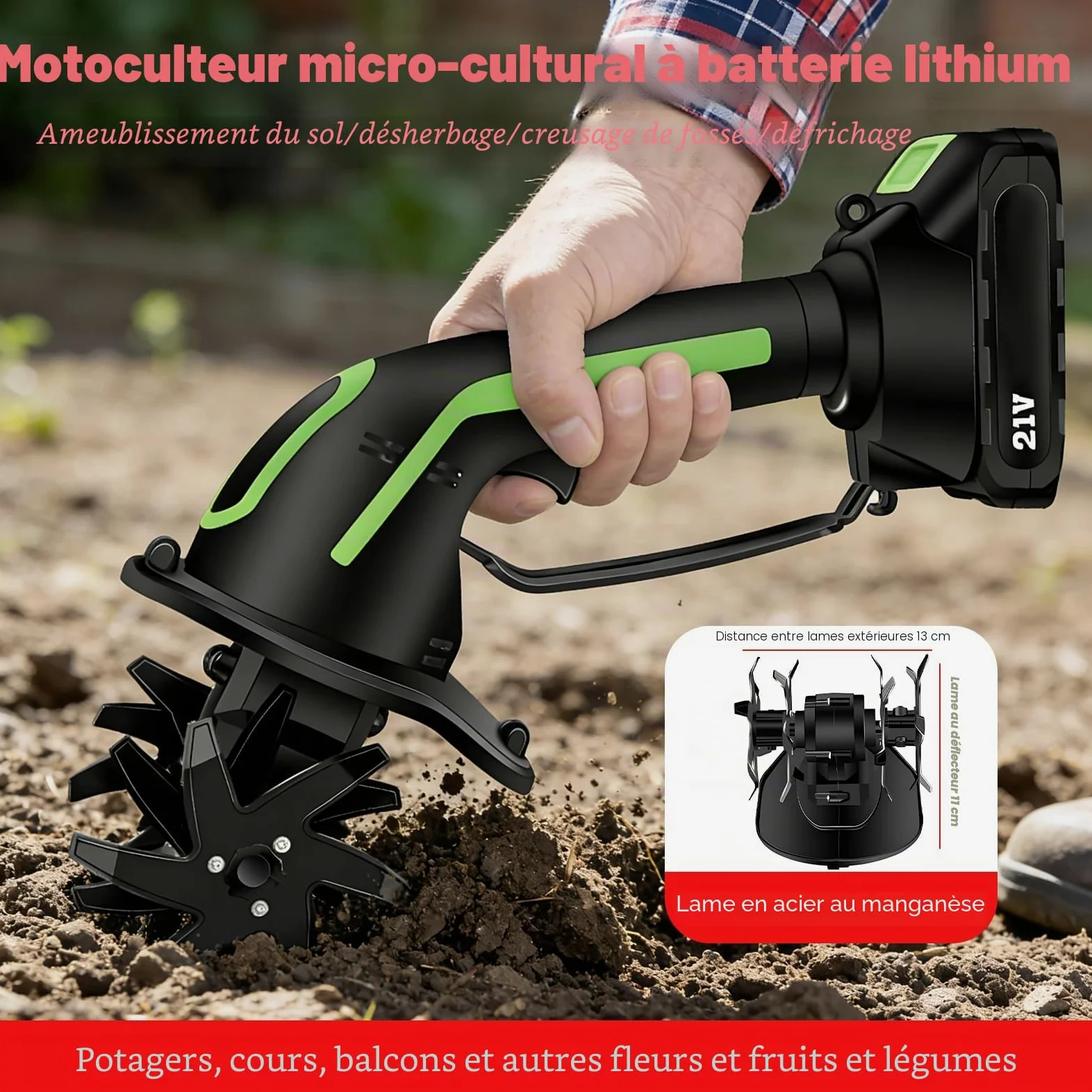 Motobineuse Electrique 650 W, Mini Motobineuse avec Batterie 3000 mAh, Tige de 1,3 m,Largeur de Travail 10 cm, Profondeur de Travail 10 cm pour Ameublir Terre Jardin et Verger (2 Batteries)