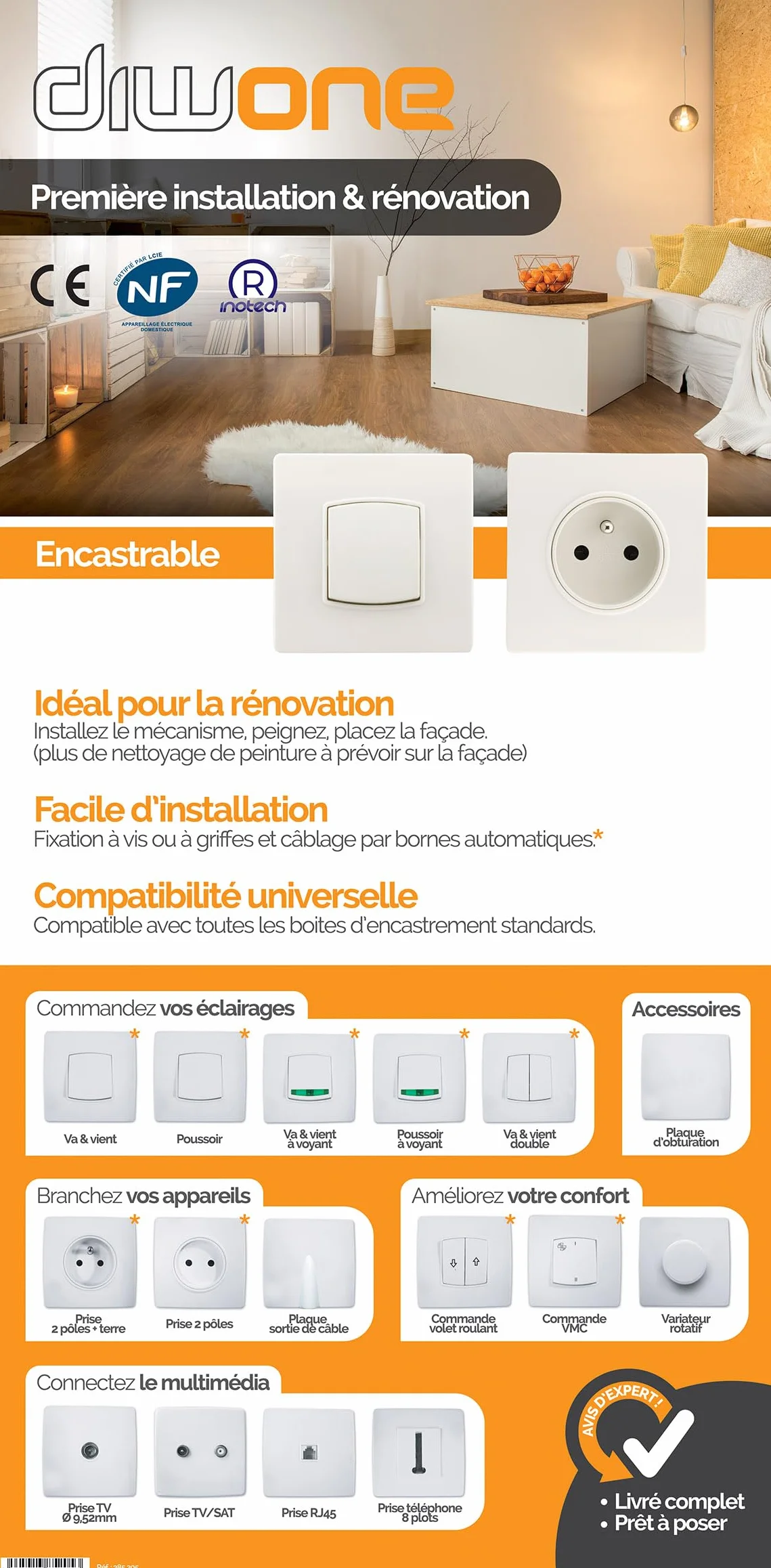 Interrupteur va et Vient borne-Auto vis + Griffes Diwone