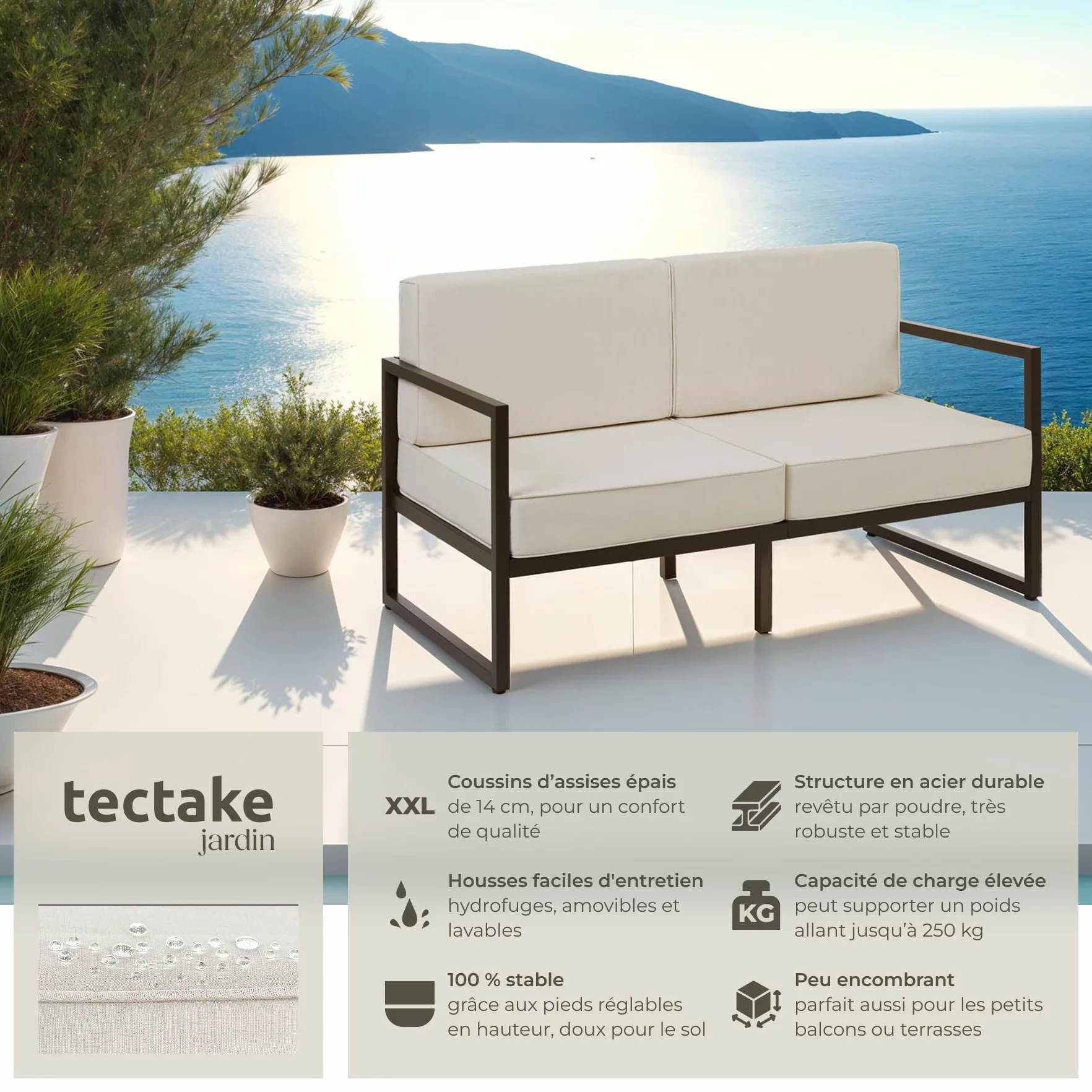 tectake® Salon de Jardin Exterieur Canapé 2 Places Banquette de Jardin Coussins épais Inclus Cadre en Acier laqué époxy Mobilier Canape Exterieur Amenagement Balcon Terrasse Veranda Maison