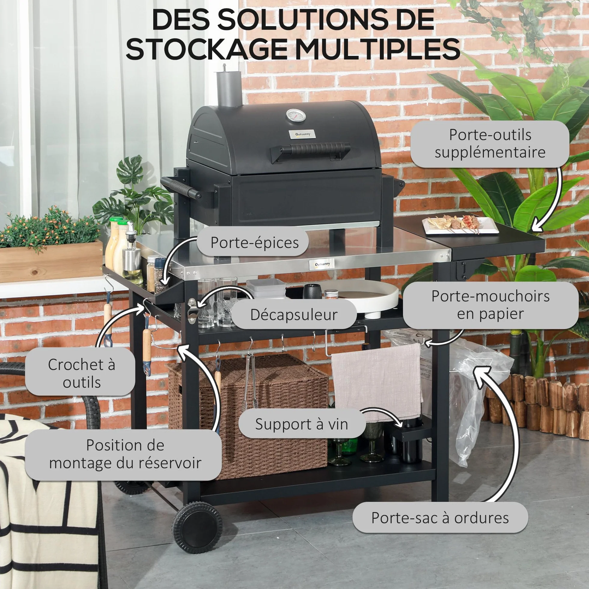 Outsunny Chariot Desserte Barbecue Plancha INOX 3 Étages 6 Crochets Tablette Rabattable 2 Roulettes
