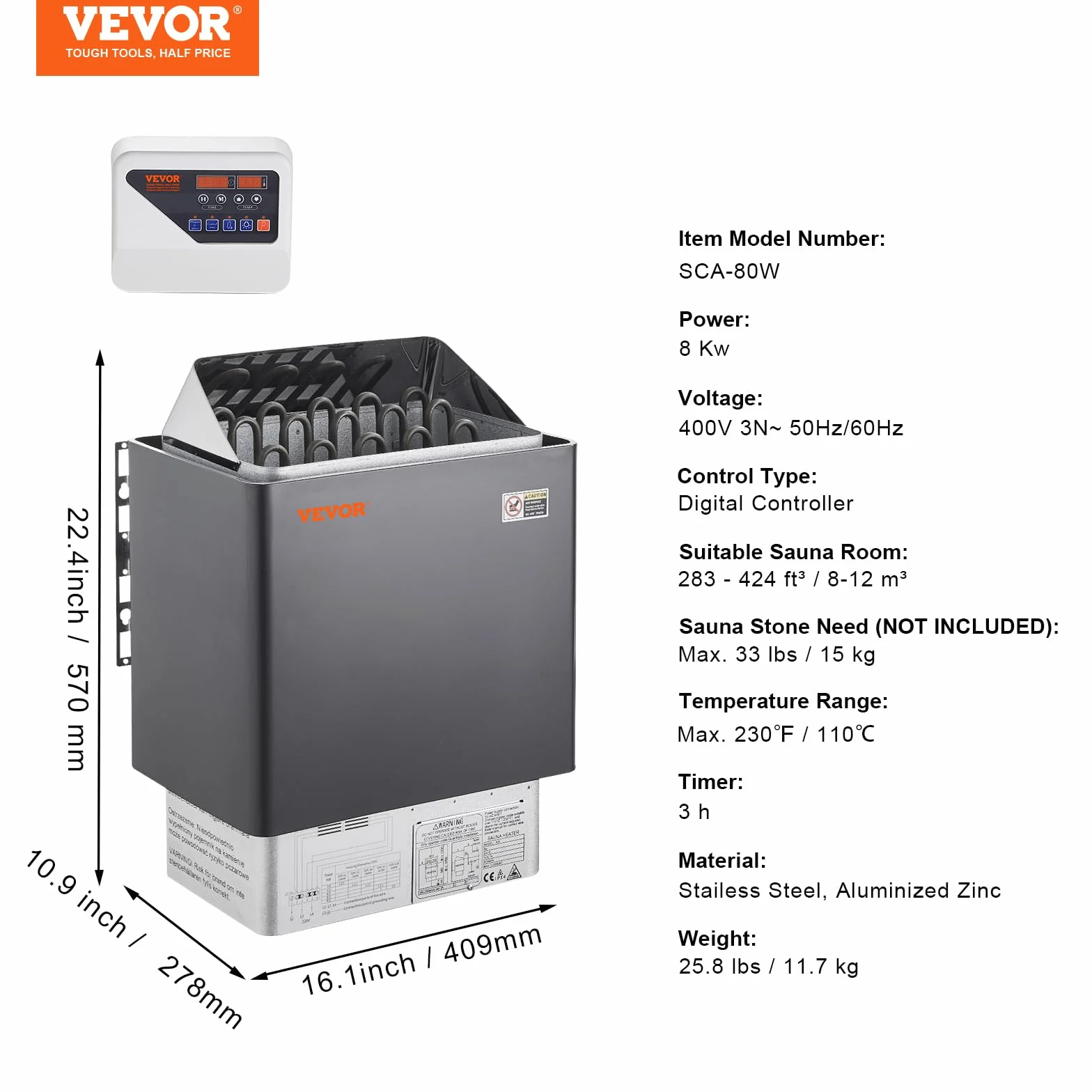 VEVOR Poêle de Sauna Électrique 8 kW 400 V 3 N, Contrôleur Numérique, 110℃ Max, pour Sauna 8-12 m³