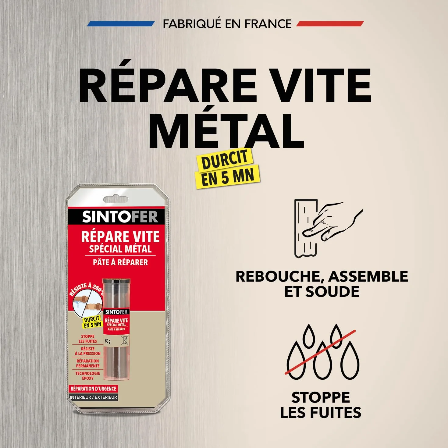 SINTO Répare Métal Rapide 60g Cuivre - Rebouche, Assemble, Soude - Résiste Pression Eau Températures Extrêmes