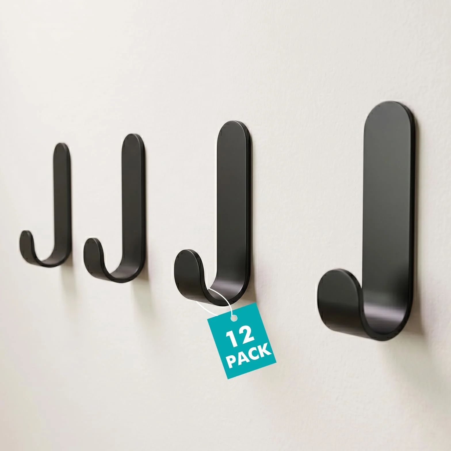 LINKWAY Lot de 12 Crochets Adhésifs Muraux - Patère Salle de Bain Noire en Métal sans Perçage