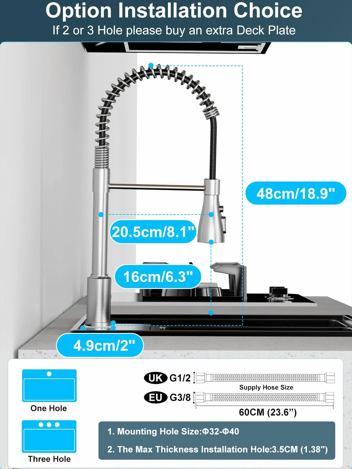 Robinet Cuisine Acier Inoxydable, Mitigeur avec Douchette, Bec Pivotant 360°, 4 Modes, Arc Élevé