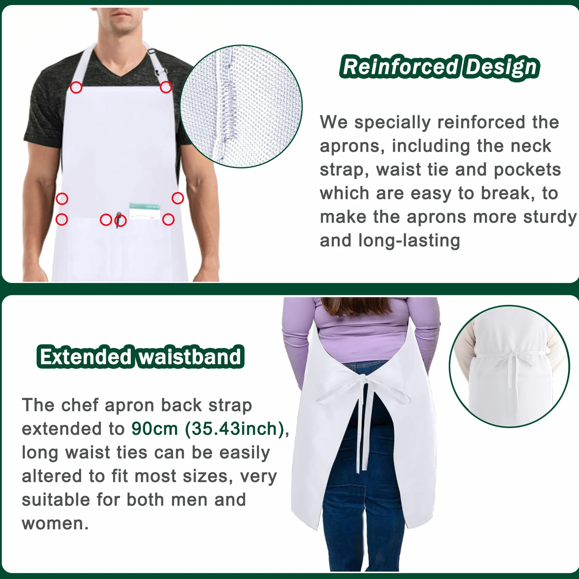 Lot de 5 Tablier de Chef Noir Blanc, Cuisine Tablier pour Femme Homme Restaurant Café Travail (Réglable, 3 Poches)