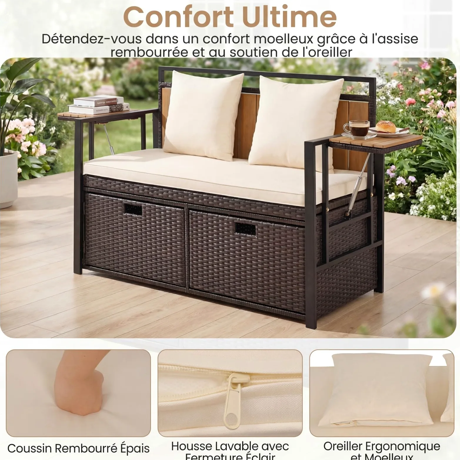 COSTWAY 2 en 1 Banc Coffre Extérieur en Rotin PE, Banc de Jardin 2 Places avec Coussins, Coffre de Rangement 142,5 L, 2 Tables d'Appoint Pliables, Charge 360 kg, pour Terrasse Jardin Balcon (Blanc)