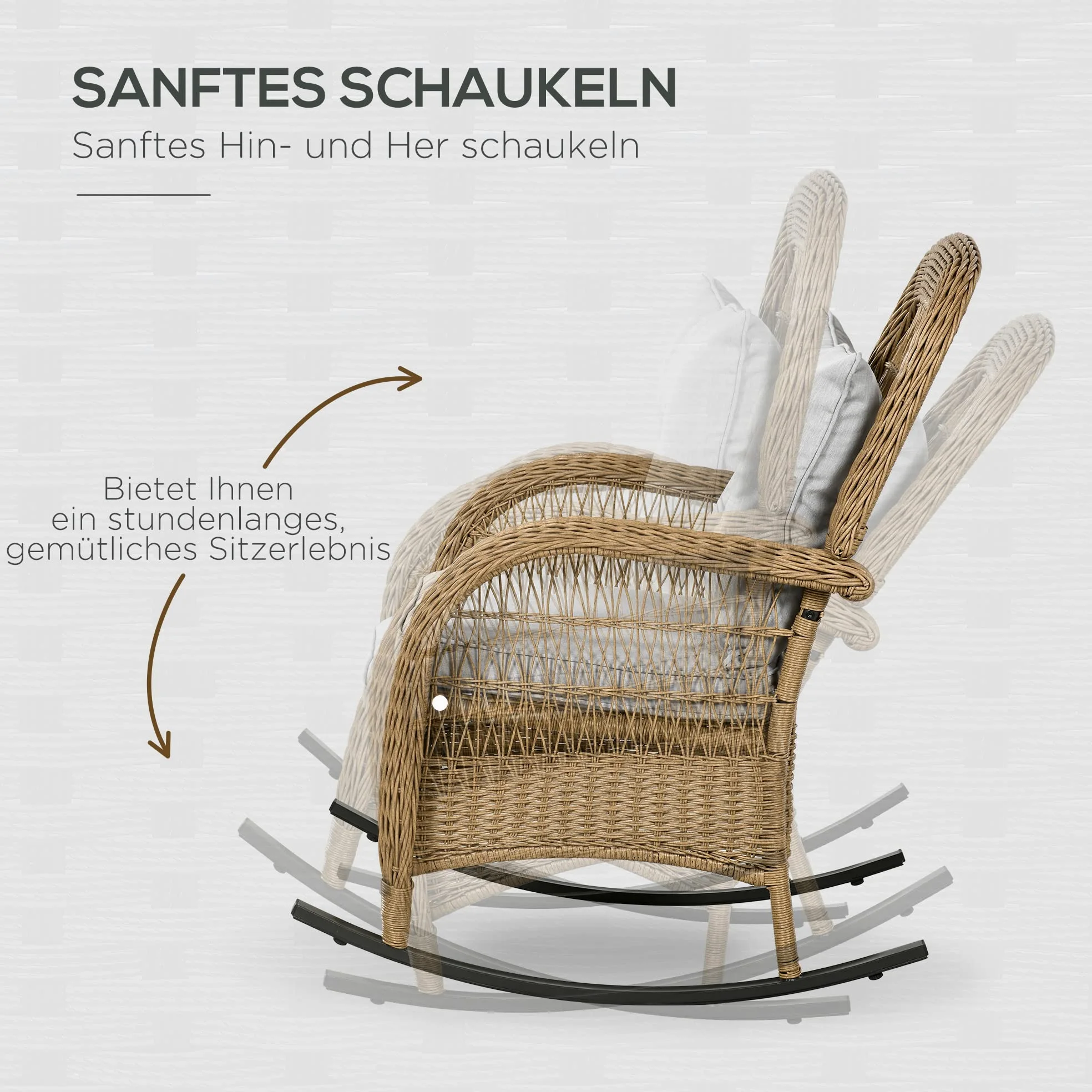 Fauteuil à bascule en rotin Outsunny, fauteuil à bascule avec coussin, fauteuil de jardin avec housses lavables, meuble de salon pour cour, jardin, terrasses, jaune, 69 x 92 x 100 cm