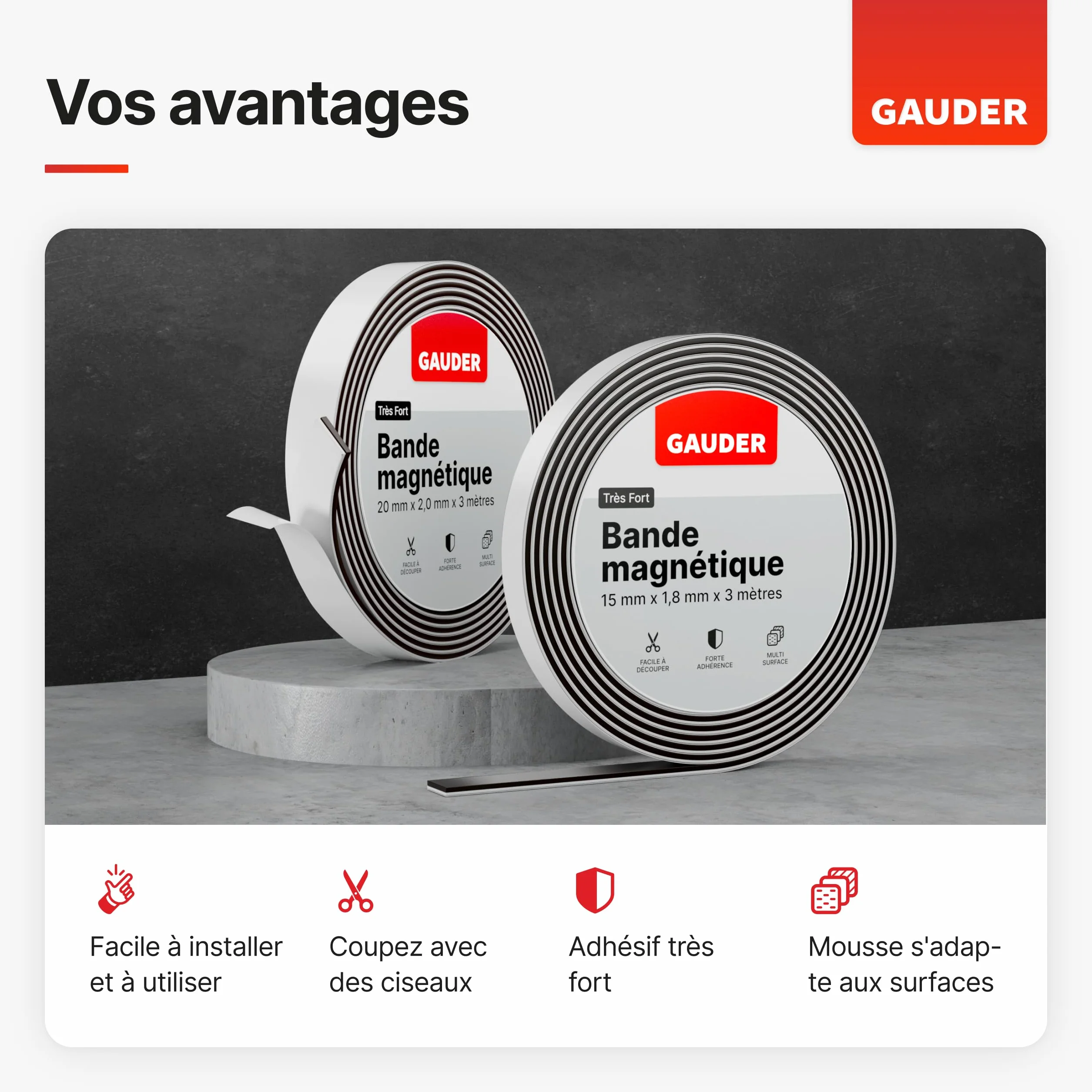 GAUDER Bande Magnétique Autocollante Forte Mousse Adhésive Ruban Découpable Haute Adhérence 6 m x 15 mm