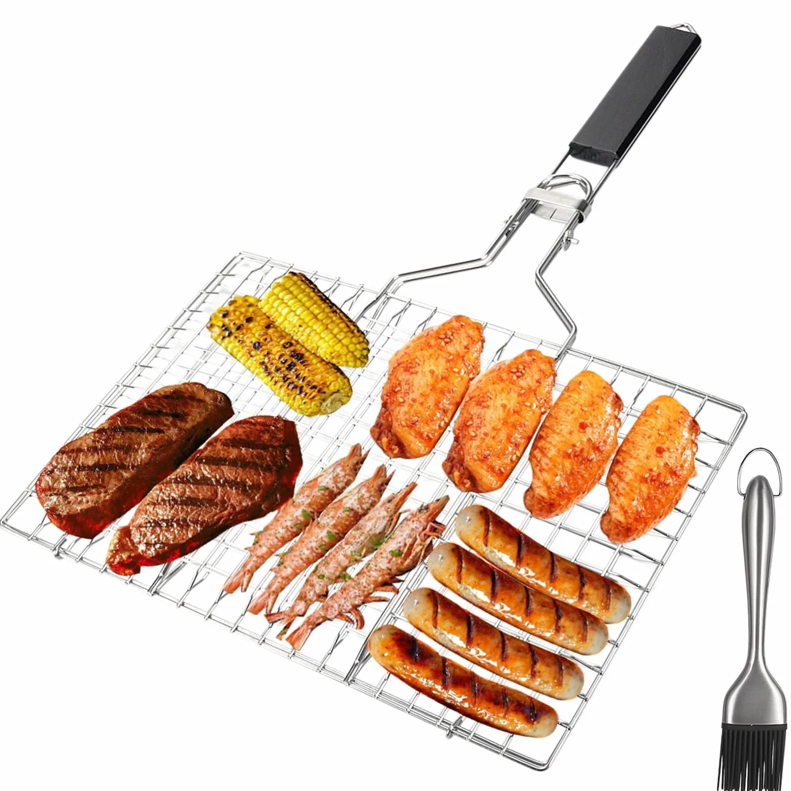 Panier à Rôtir à Poisson, grille de 34 x 32 cm avec brosse en silicone, pince à poisson pliable,Panier de barbecue avec poignée amovible Pour le camping et les grillades poissons légumes crevettes