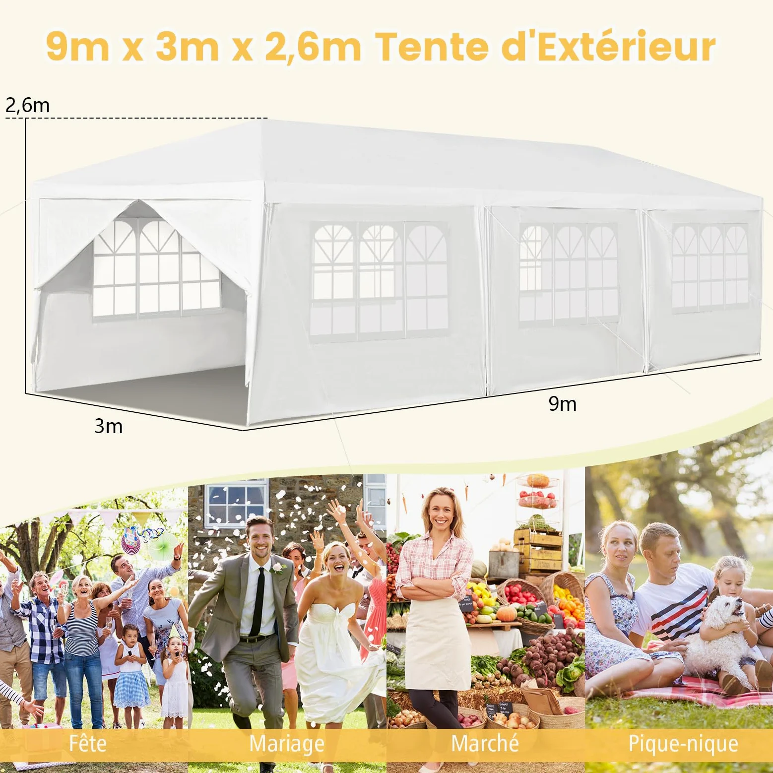 COSTWAY Tonnelle de Jardin 3x9m inclut 6 Murs Amovibles avec Fenêtre sur Côté, 2 Entrées de Porte, Abri Robuste avec Piquets de Terre