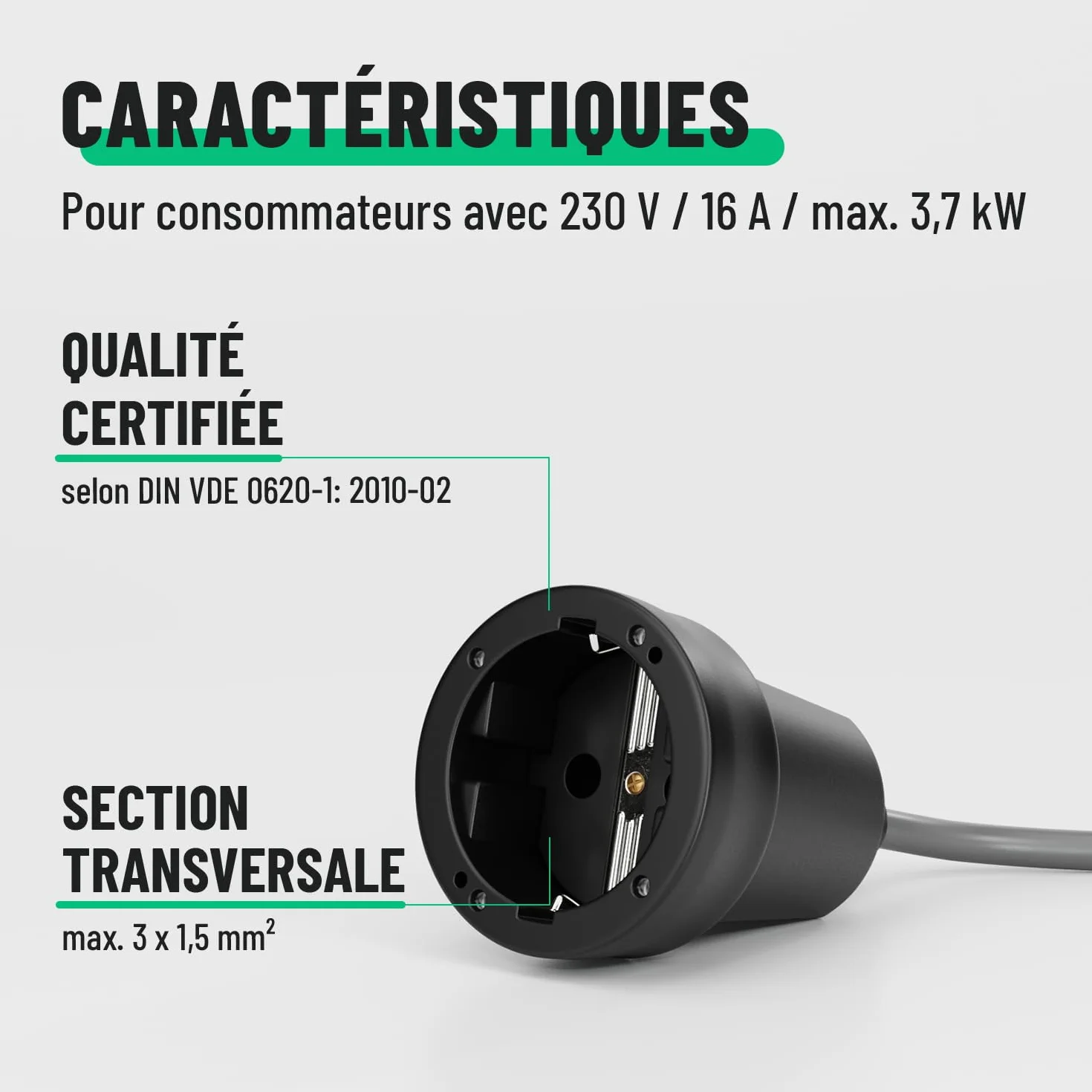 Fiche femelle en caoutchouc anti courbures 250V 16A IP20 noire