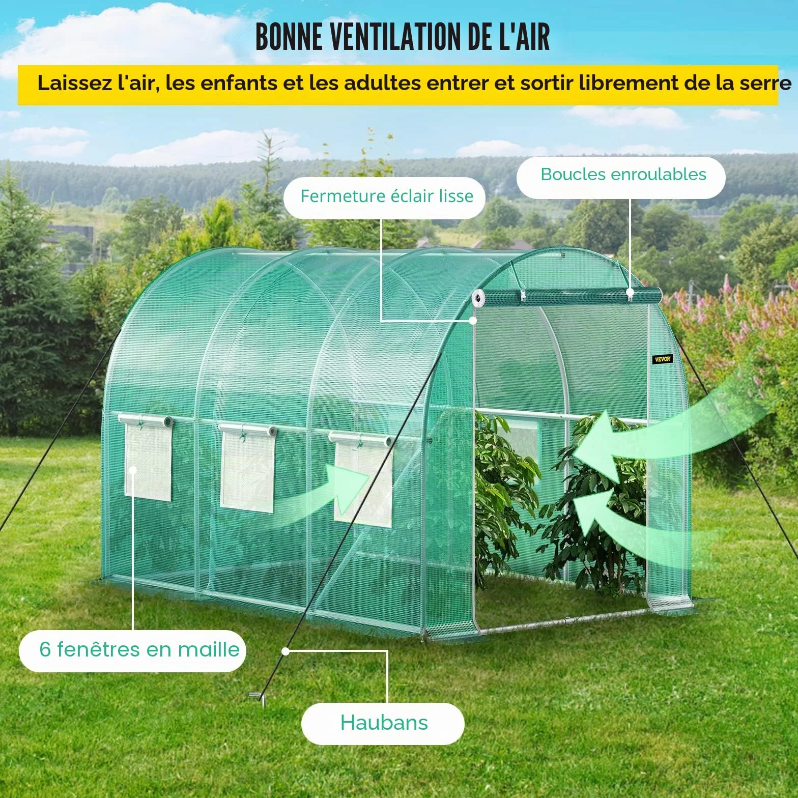 VEVOR Serre Tunnel Jardin 3x2,1x2,1 m Tente Abri Plantes Cadre en Acier Galvanisé Couverture Étanche en PE 1 Poutre Supérieure 2 Poteaux Diagonaux 1 Porte 6 Fenêtres pour Cultiver Légumes Fleurs Vert