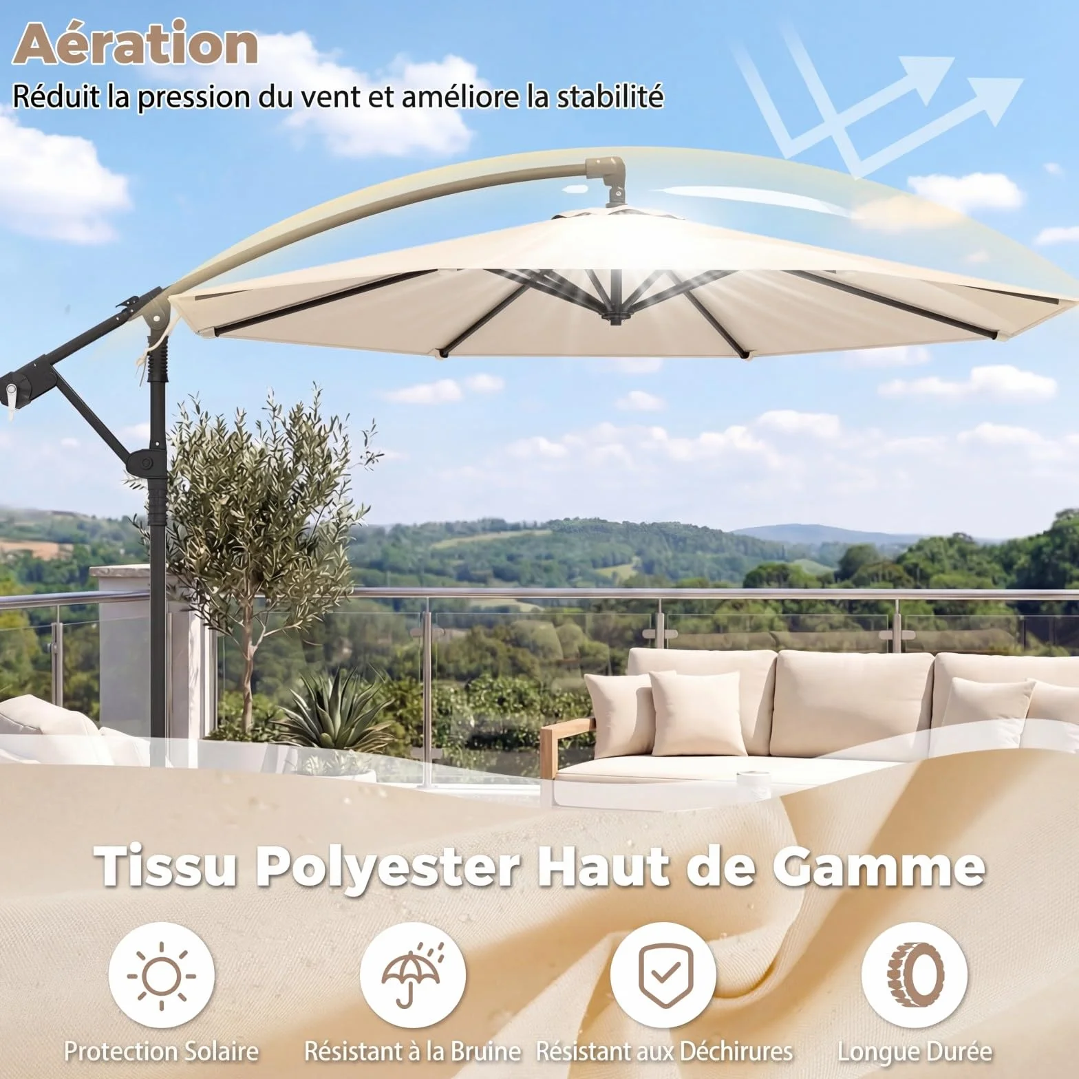 COSTWAY Parasol Déporté 3 x 3M, Parasol de Jardin Extérieur avec Pied, Rotation 360°, Anti-UV, 8 Baleines, Beige