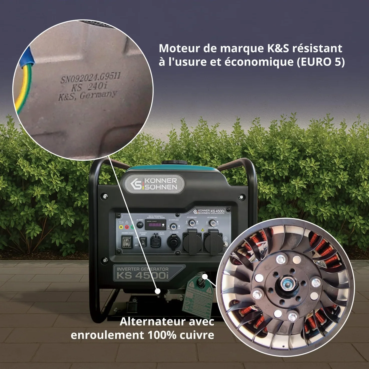 K&S Könner&Söhnen KS 4500i Groupe électrogène essence onduleur 4500 W, USB QC 3.0, Type-C, Générateur à essence avec mode éco, écran LED, 4 temps, 12 V, générateur à onduleur