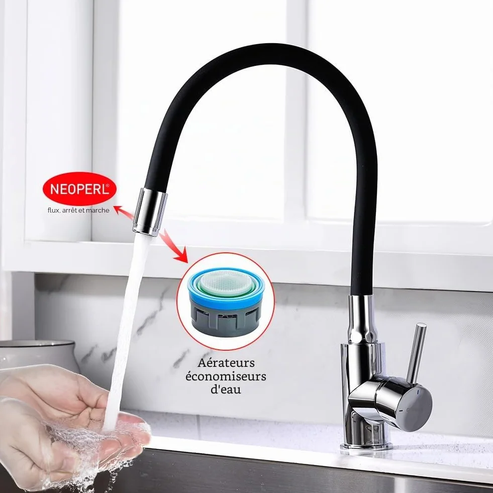 GRIFEMA Mitigeur Évier Bec Flexible Rotative 360° Chrome Noir G4002-2