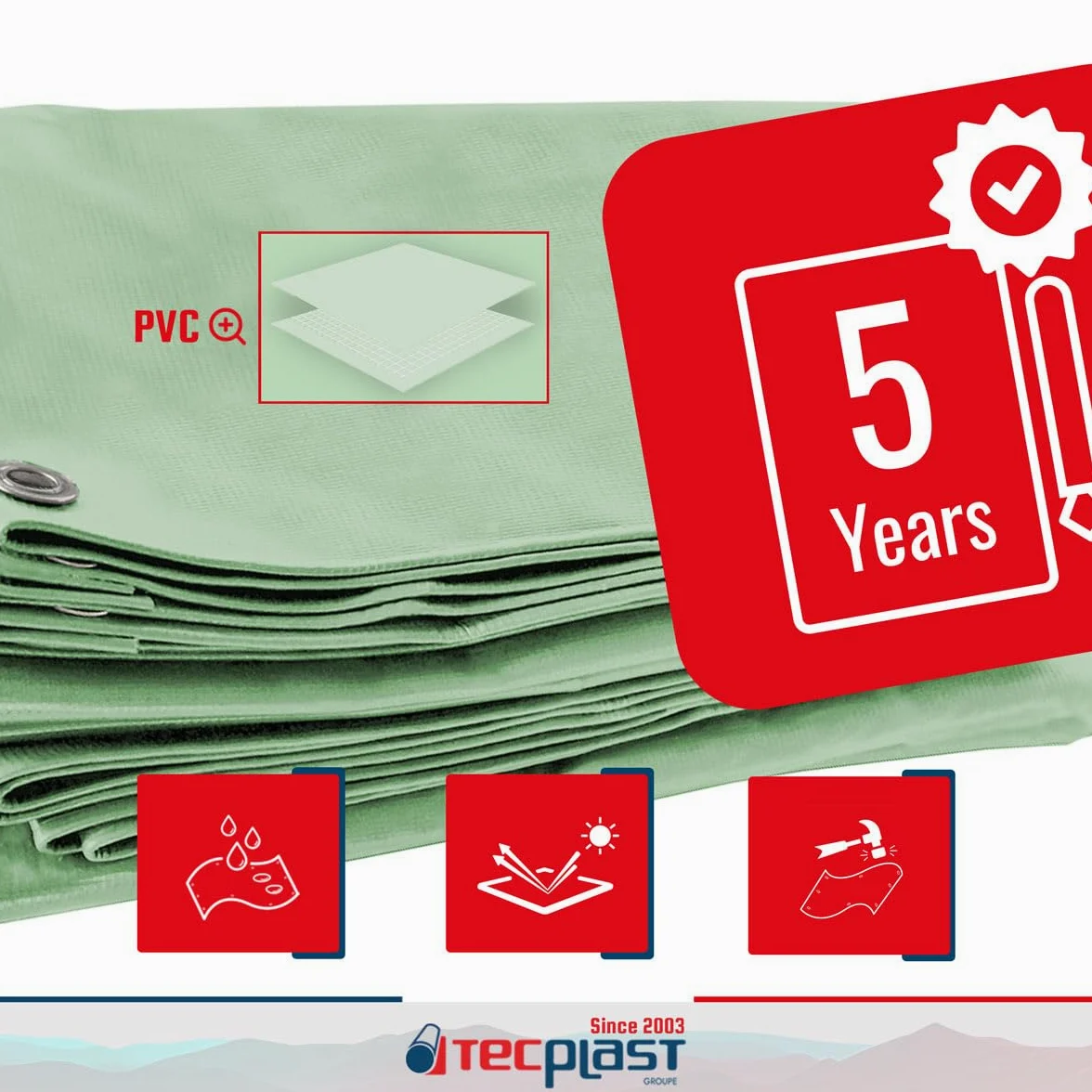 TECPLAST Bâche pour Carport 3x5 m LP506CP Vert Sauge - Garantie 5 Ans - Toile PVC étanche pour abri de Voiture