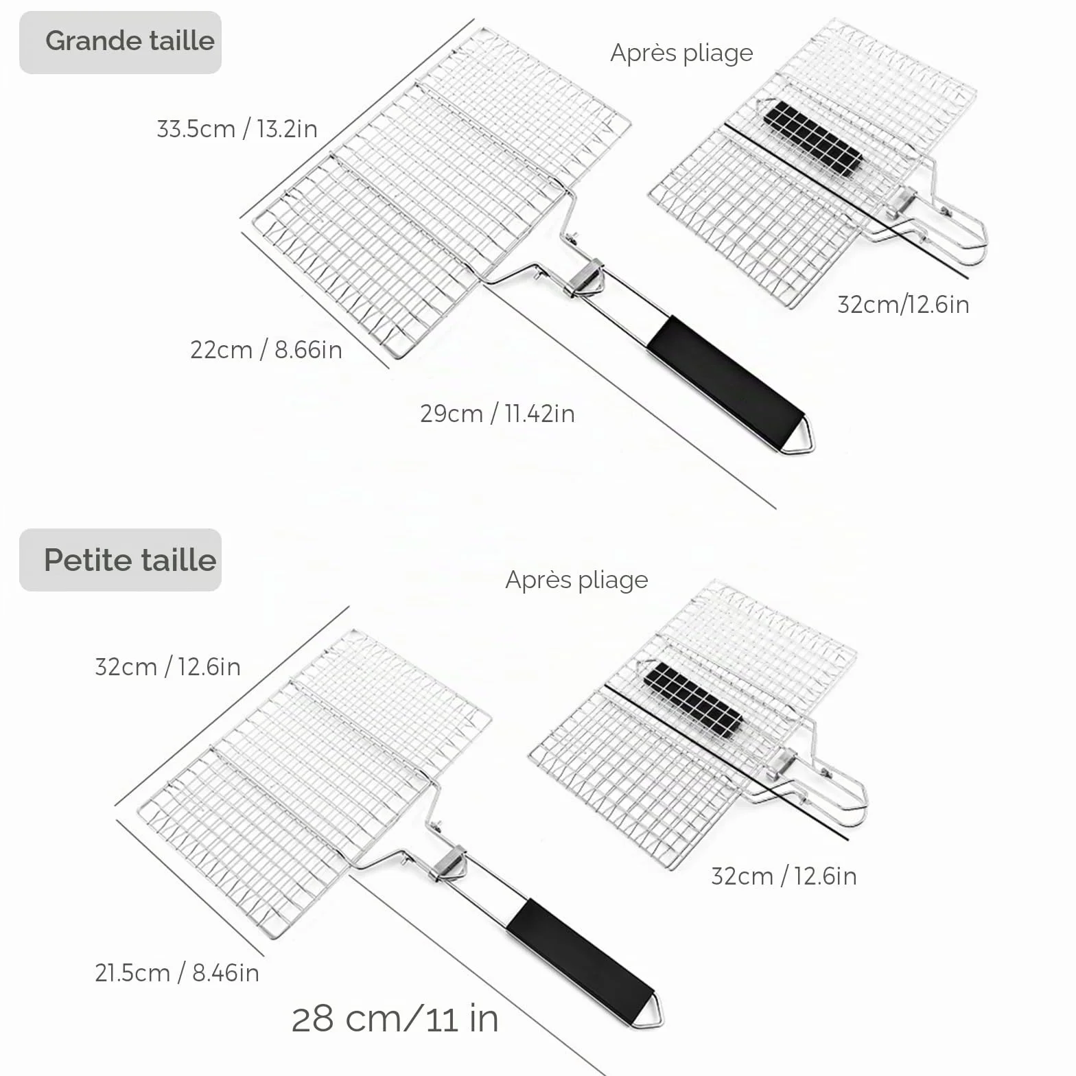 Lot De 2 Paniers De Barbecue Portables, Paniers De Grillades De Poisson Pliables, Paniers De Barbecue Pliables En Acier Inoxydable Avec Poignée En Bois Amovible Pour Poisson Rôti, Brochettes