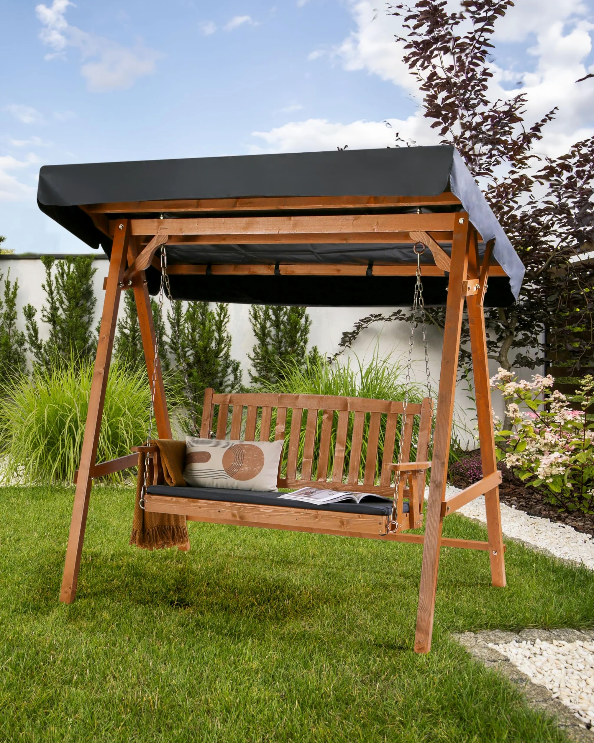 Balancelle d'Extérieur Moderne en Bois d'Epicéa avec Auvent Gris Foncé Fibbialla