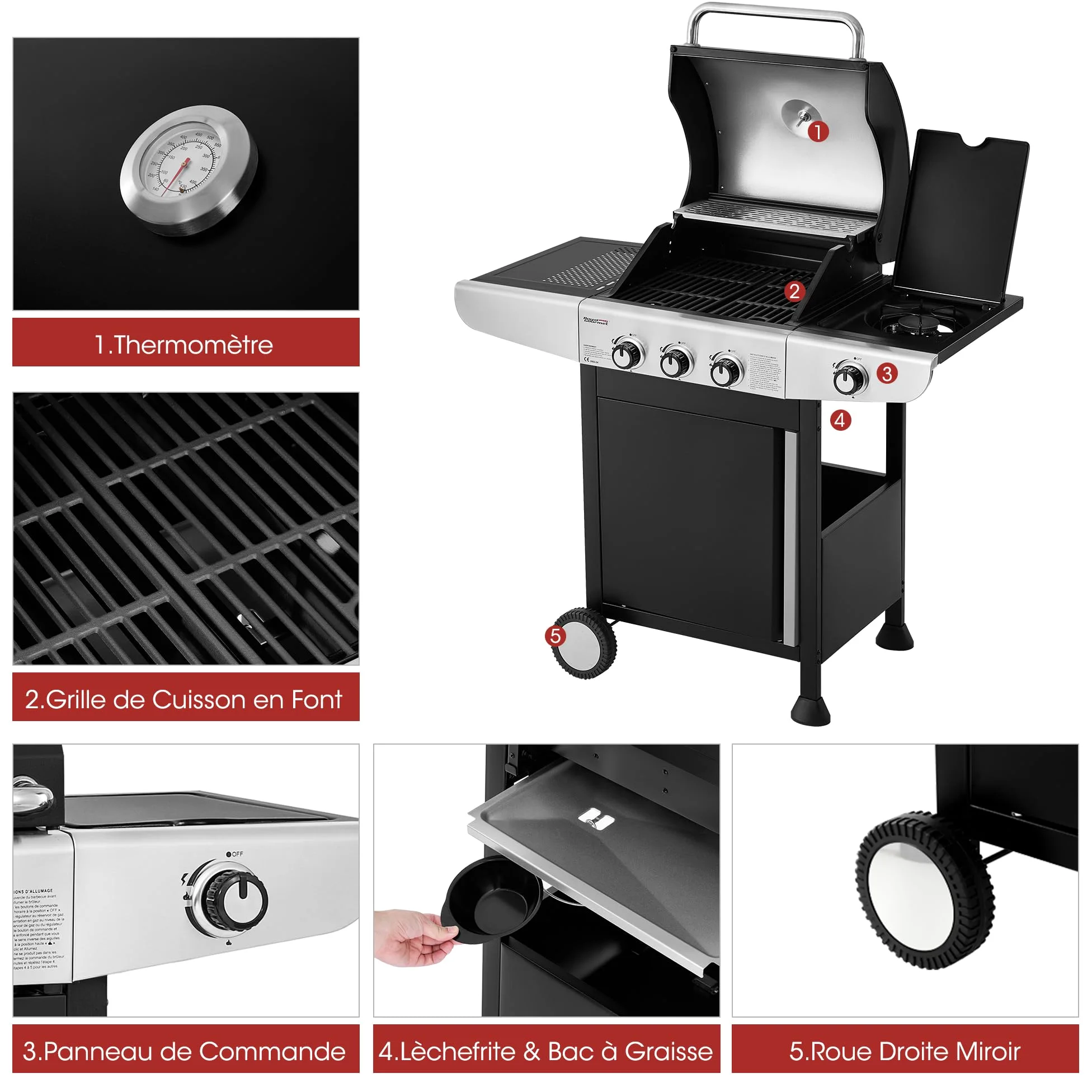Royal Gourmet Barbecue Gaz à 3 Brûleurs avec Brûleur Latéral, Gril à Gaz sur Chariot de Puissance 11,5 KW avec 2 Grille en Fonte et 2 Tables d’Appoint, Adapté pour Jardin et Extérieure, Argent