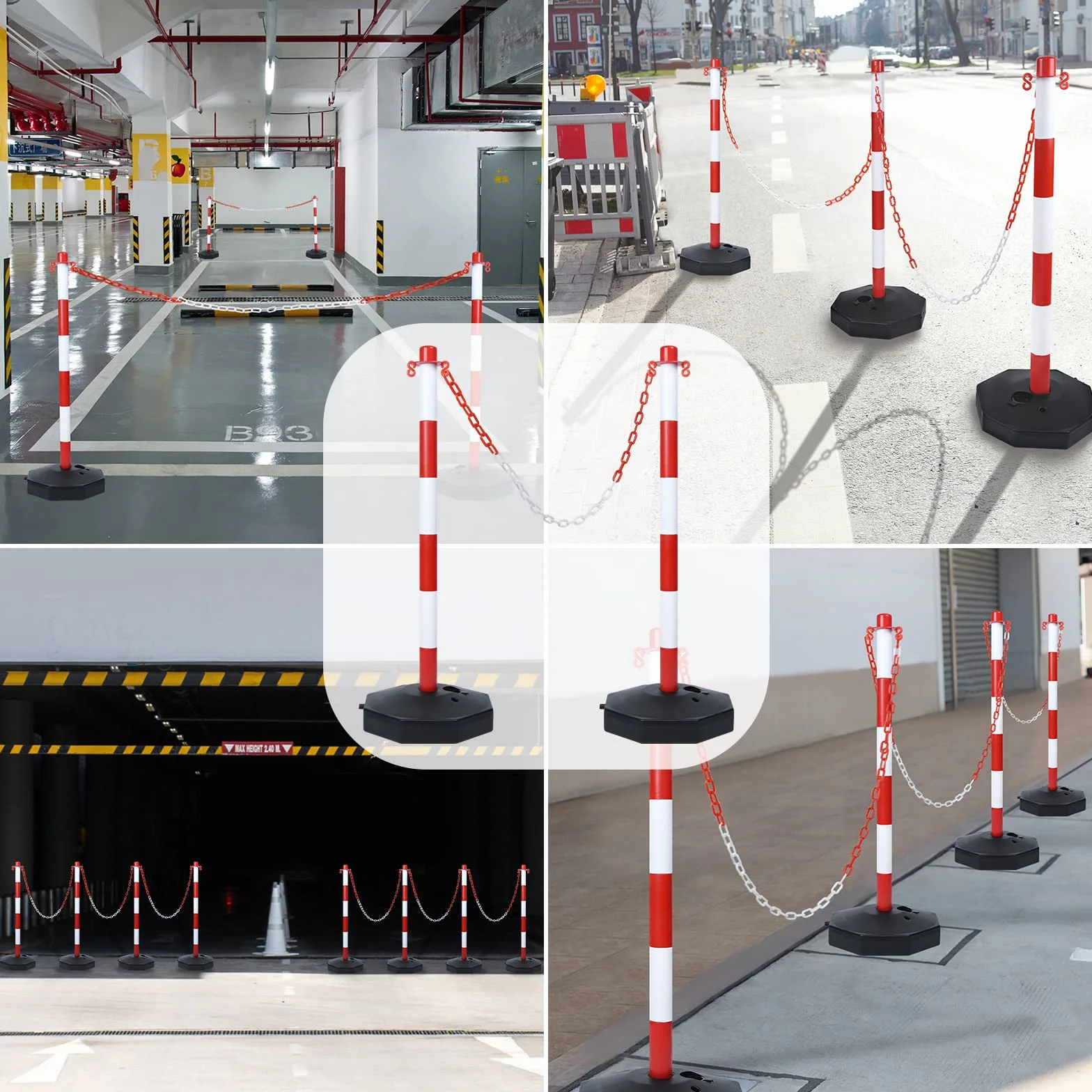 Poteaux de Barrière 2 pcs Potelets en Plastique avec Chaîne 140cm Poteau de Base PE PP 82cm Flexible Signalisation Cône Inclus Rouge+Blanc