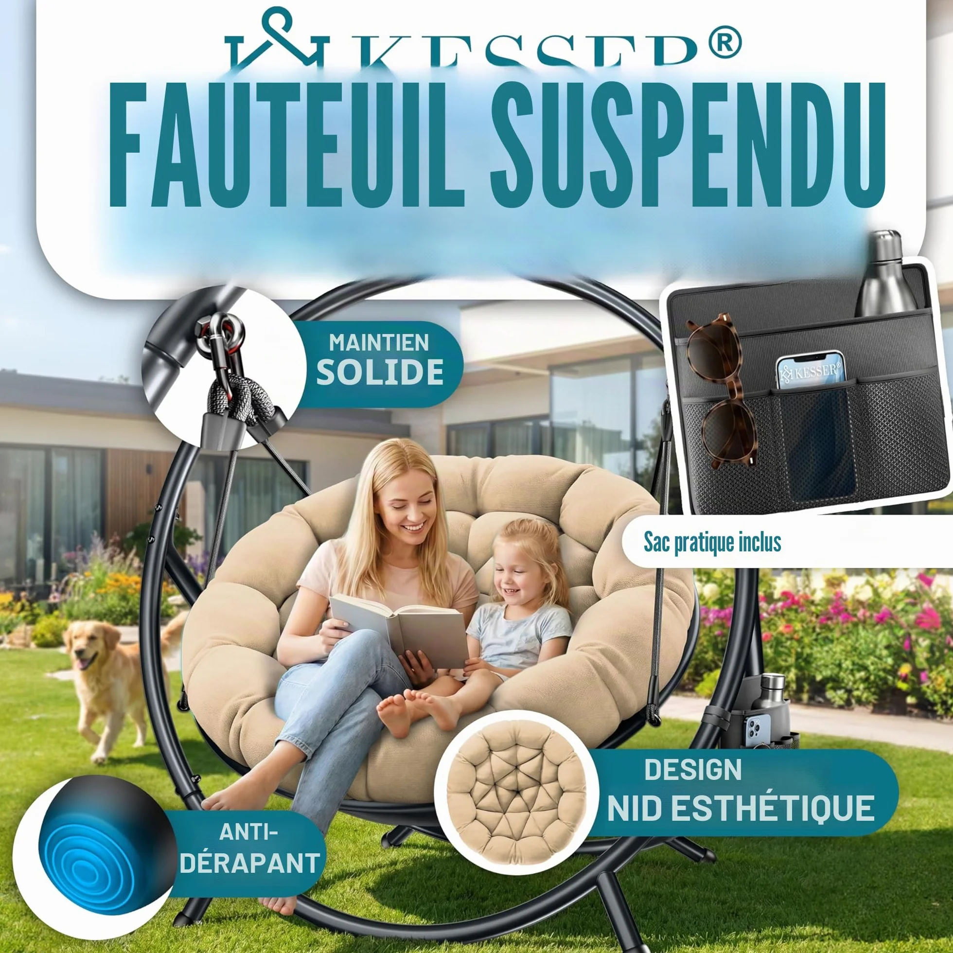 KESSER Fauteuil suspendu Bali balançoire chaise 150 kg acier intérieur extérieur coussin poche latérale
