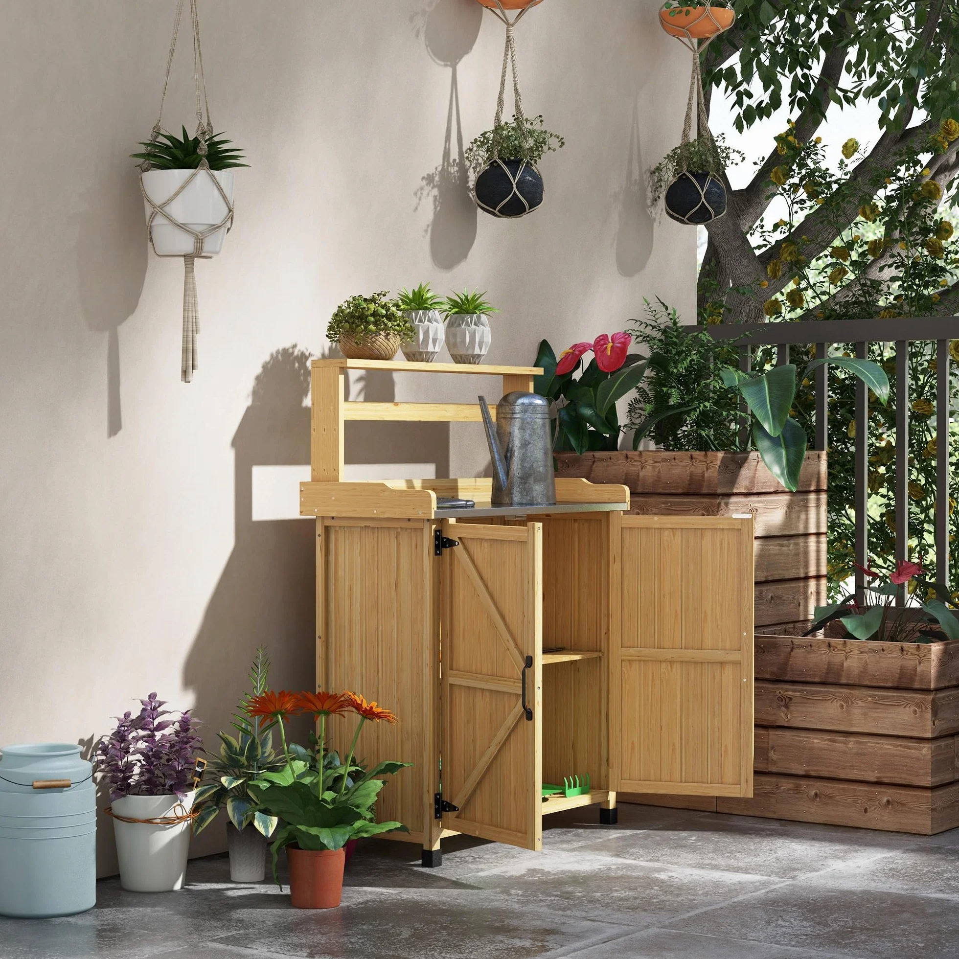 Outsunny Table de Rempotage, Table de Jardinage Style Rustique avec Placard et Étagères et Plateau Galvanisé, Patins Antidérapants, en Bois Sapin Pré-Huilé, Dim. 90,5L x 41l x 124,5H cm, Jaune