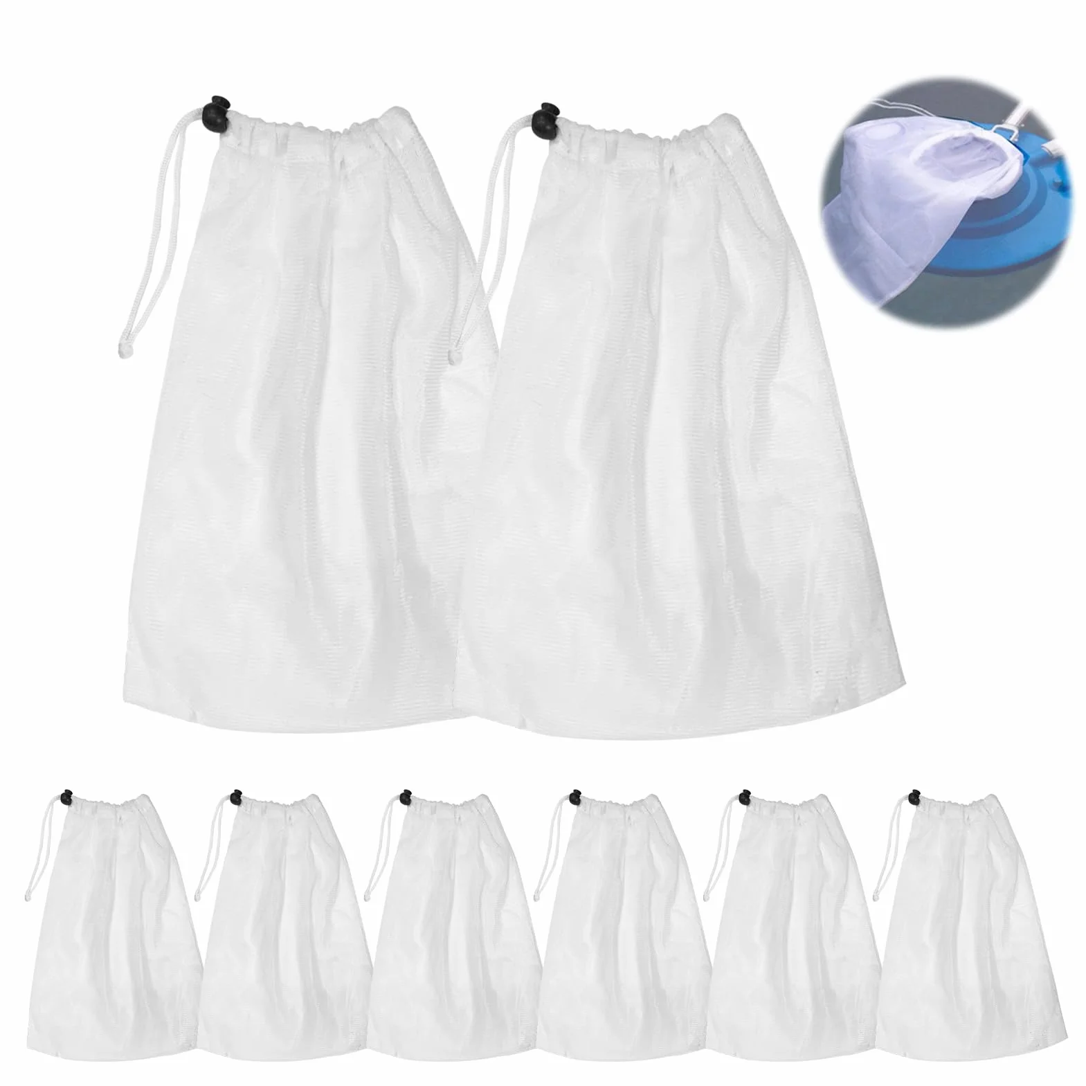 Lot de 2 sacs de collecte de rechange en filet,sacs d'aspirateur pour sol,sac en filet,avec cordon de serrage et fermeture pour le nettoyage des feuilles de piscine, UWW001, Blanc.