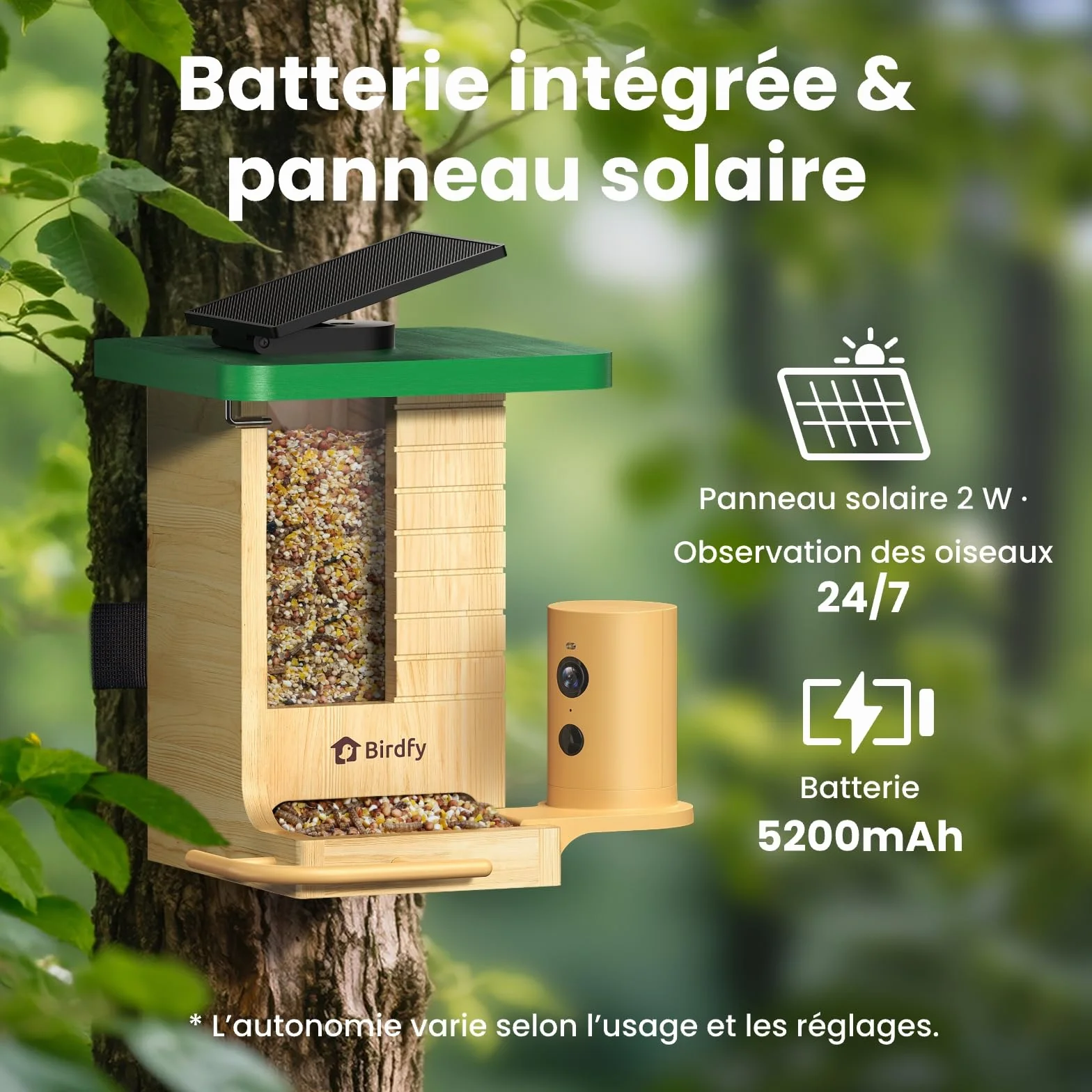 Mangeoire Oiseaux Caméra Birdfy Connectée en Bois avec Caméra Solaire IA 6000+ espèces 1080p