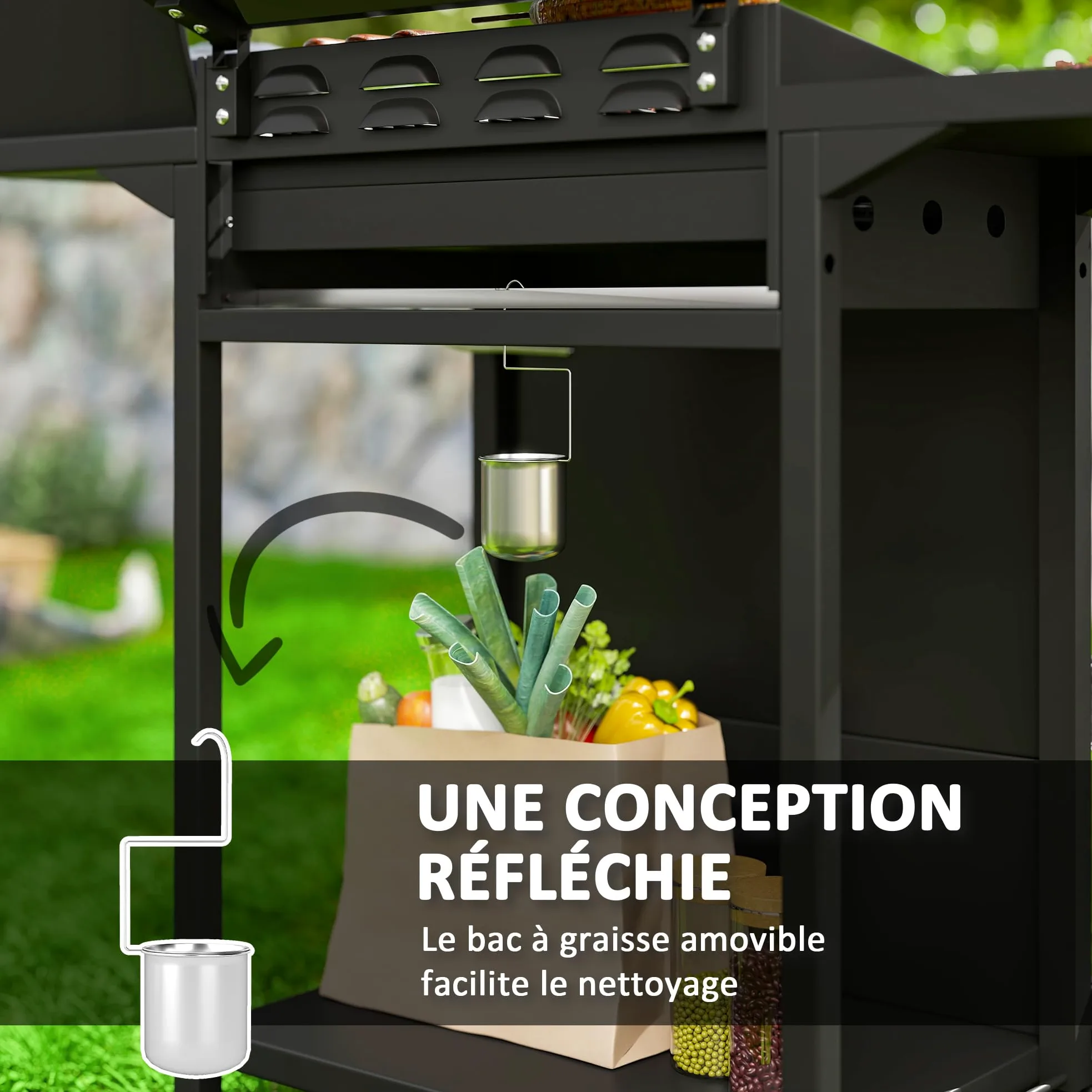 Outsunny Barbecue gaz 3+1 brûleurs en acier, puissance 9,5 kW, barbecue de jardin 2 grilles en chromé, étagères latérales, 2 roues, thermomètre, couvercle, pour camping et terrasse, noir